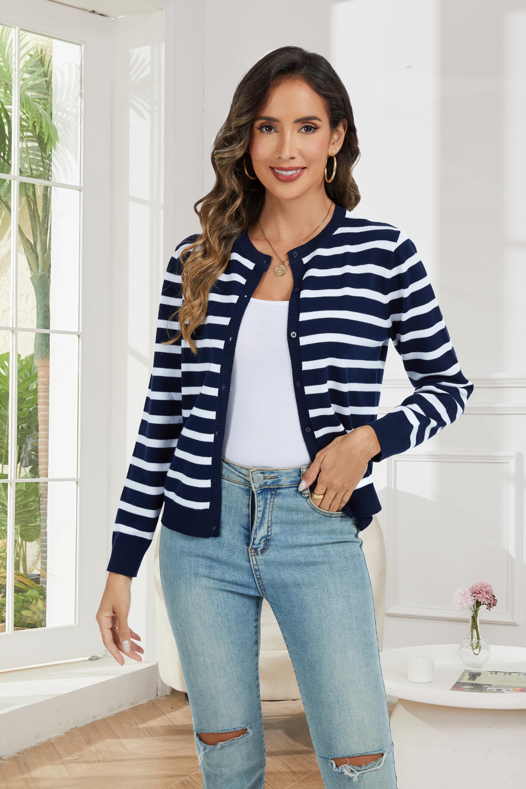 CUNYI Cardigan Donna Maglia con Bottoni Girocollo Classico Manica Lunga Giacca Cappotto Elegante, Blu Navy e Bianco S