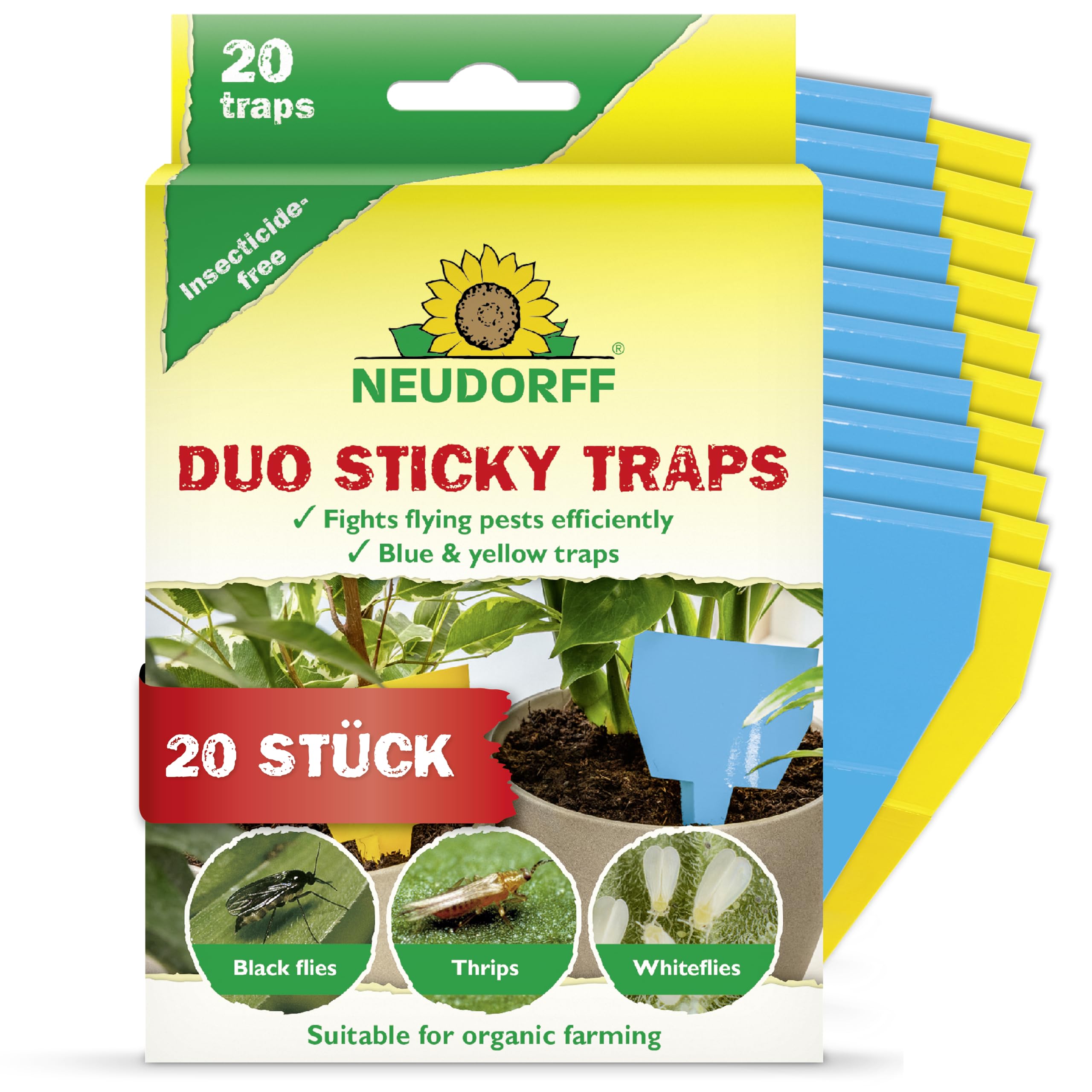 Neudorff Duo Sticky Traps – Blausticker gegen Thripse und Gelbsticker gegen kleine Fliegende Schädlinge wie Trauermücken. Geruchlos, insektizidfrei, 20 Stück