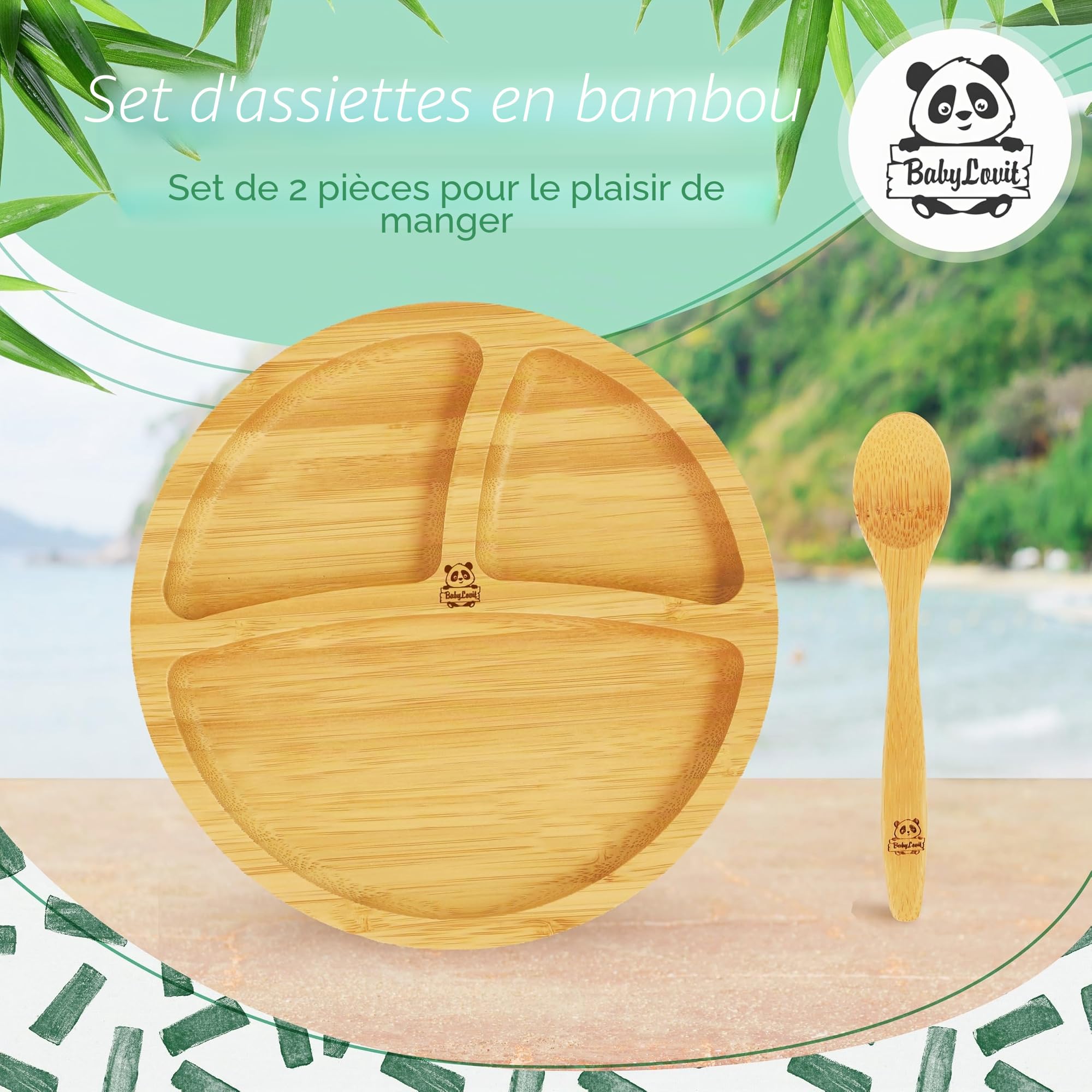 Ventouse pour bébé et cuillère en bambou naturel L'original «Bambol» de Babylovit | Forme de vache | Apprenez les plats | Boîte repas assiette