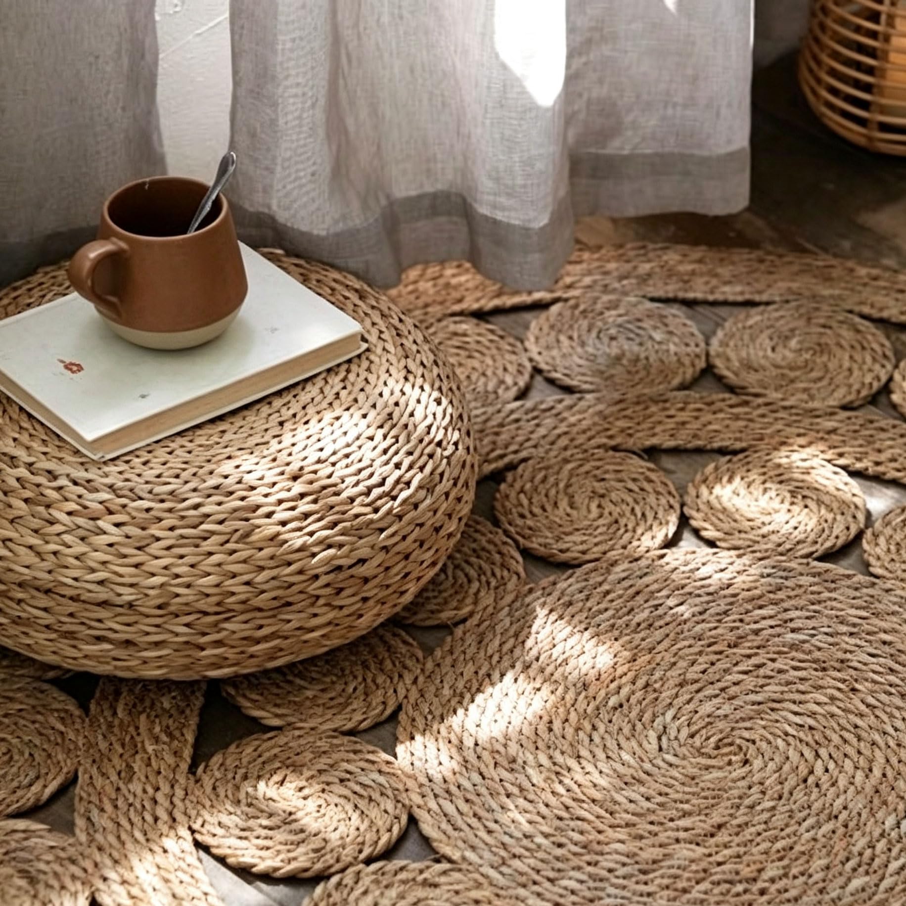 Tapis Rond en Fibres Naturelles - Tissé Main et Tressé