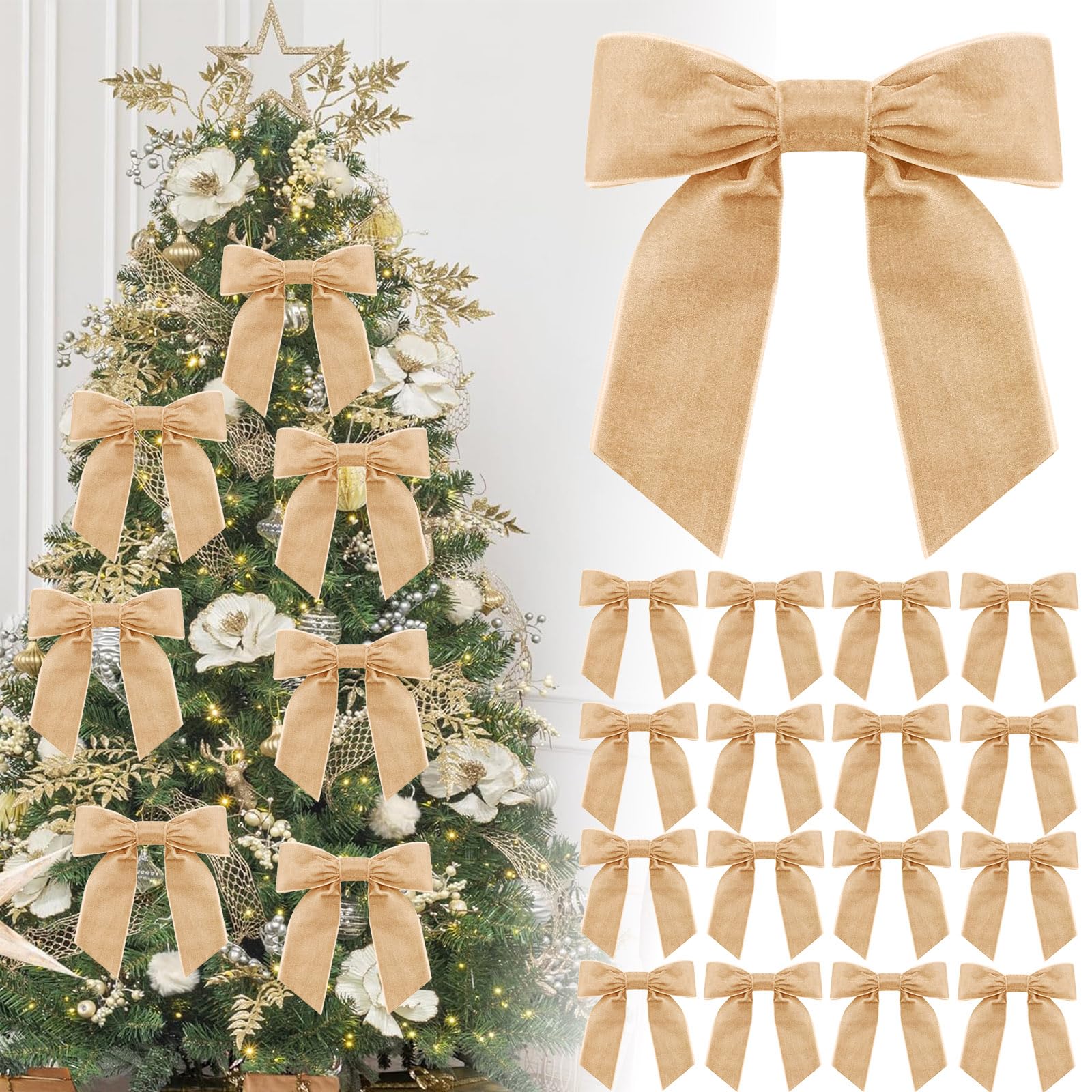16P Christmas Champagne Velvet Ribbon Gift Bows,4.3" Champagne Velvet Bows with Twist Ties,Christmas Tree Bow,Vintage Wedding Velvets BowXmas Wreaths Velvets Ribbon for Pretied Gift Wrapping Bows