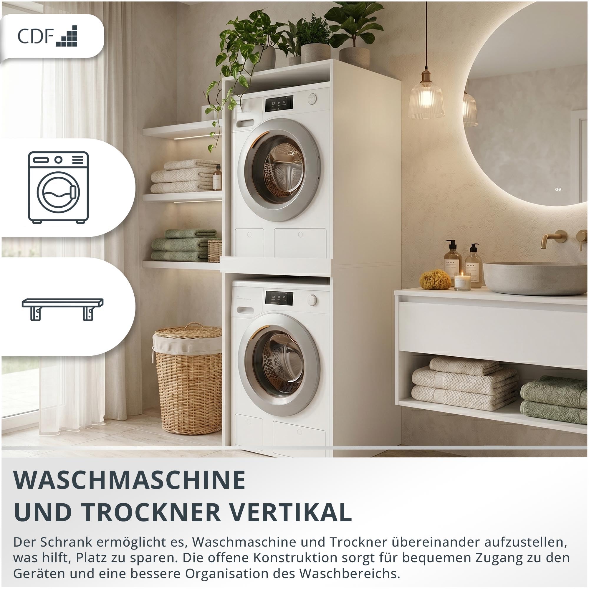 CDF Waschmaschinenschrank DOPPELT Hochschrank für Waschmaschine Wäschetrockner Badschrank Trockner Schrank Waschmaschinenschrank Überbauschrank 64x64x180 cm Badregal Robuste Platte Weiß - Pola