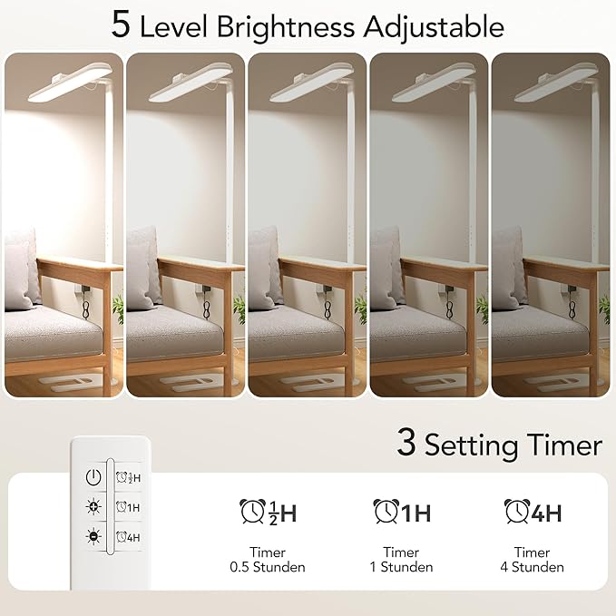 XEBKOR Eye-Caring LED Floor Lamp,63'' Dimmable Timing Standing Light with Remote, Super Bright Natural Daylight Reading Lamp for Bedroom,Study Room,Living Room,Home Office photo 3