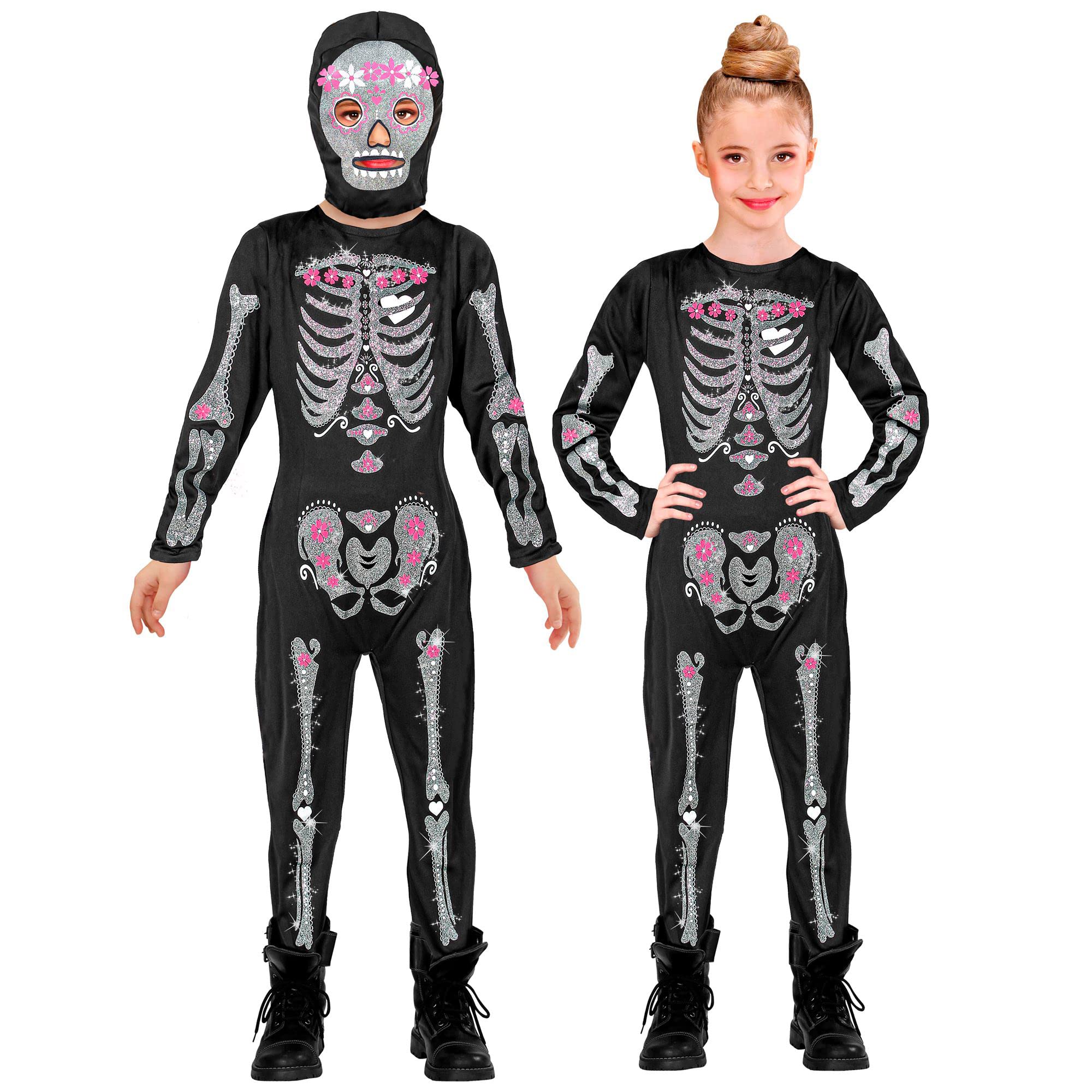 Widmann 98238 Children's Glitter Skeleton, 2 Pieces, Jumpsuit and Mask with Hood, Skull, Bone, Costume, Fancy Dress, Theme Party, Carnival, Halloween, Multicoloured, 158