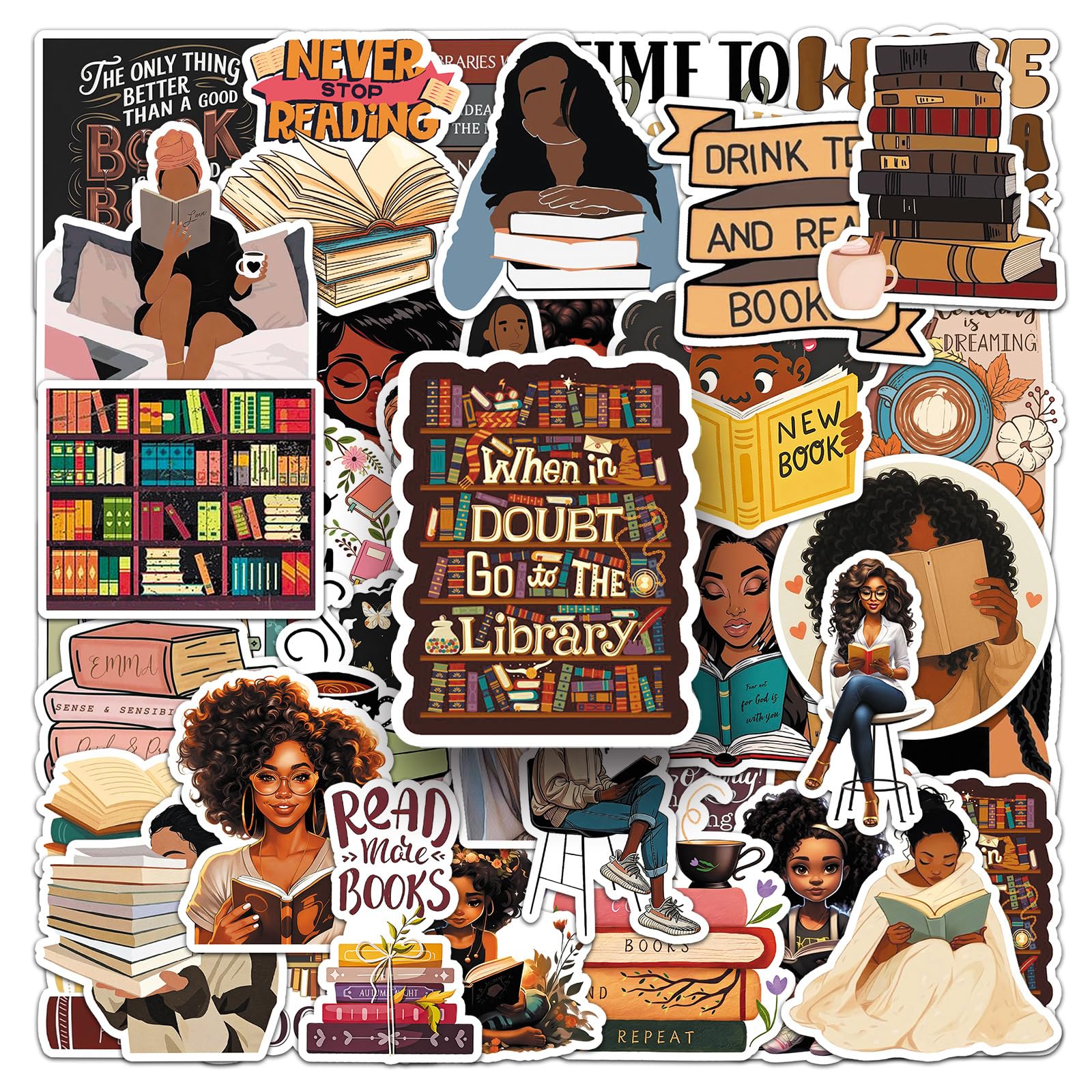 Black Girl Books Stickers 50 Pcs Vinyl Funny Bookish Stickers for Kindle Water Bottle Laptop Skateboard Bumper Cars Luggage Guitar,Waterproof Cute Reading Sticker for Adults Girls Teens