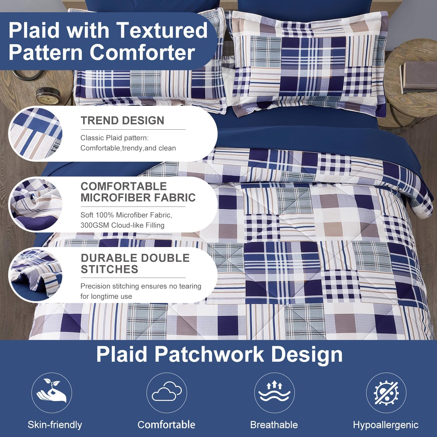 Comforter Set Queen Size Plaid Patchwork Comforter Bedding-7 Piece Bed in a Bag,Soft Fluffy Reversible Microfiber Bedding Set(1 Comforter,1 Flat Sheet,1 Fitted Sheet,2 Pillowcases,2 Pillow Shams),Navy - Image 3