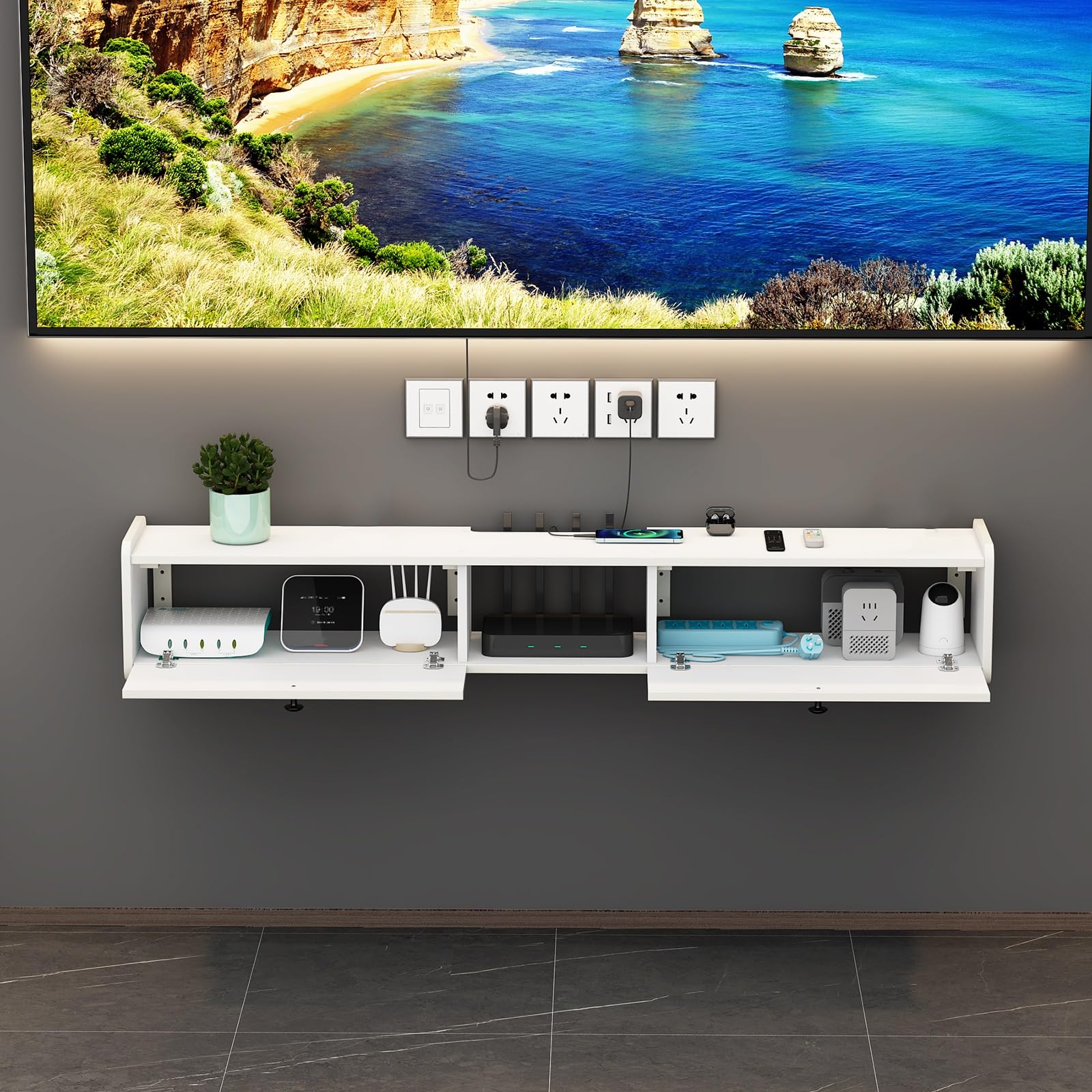 Easnuroz Floating TV Stand 80-140cm Floating TV Unit Floating Shelves With Door Wall Mounted Entertainment Center TV Media Console Large Storage TV Bench For Living Room(120 * 23 * 23cm)