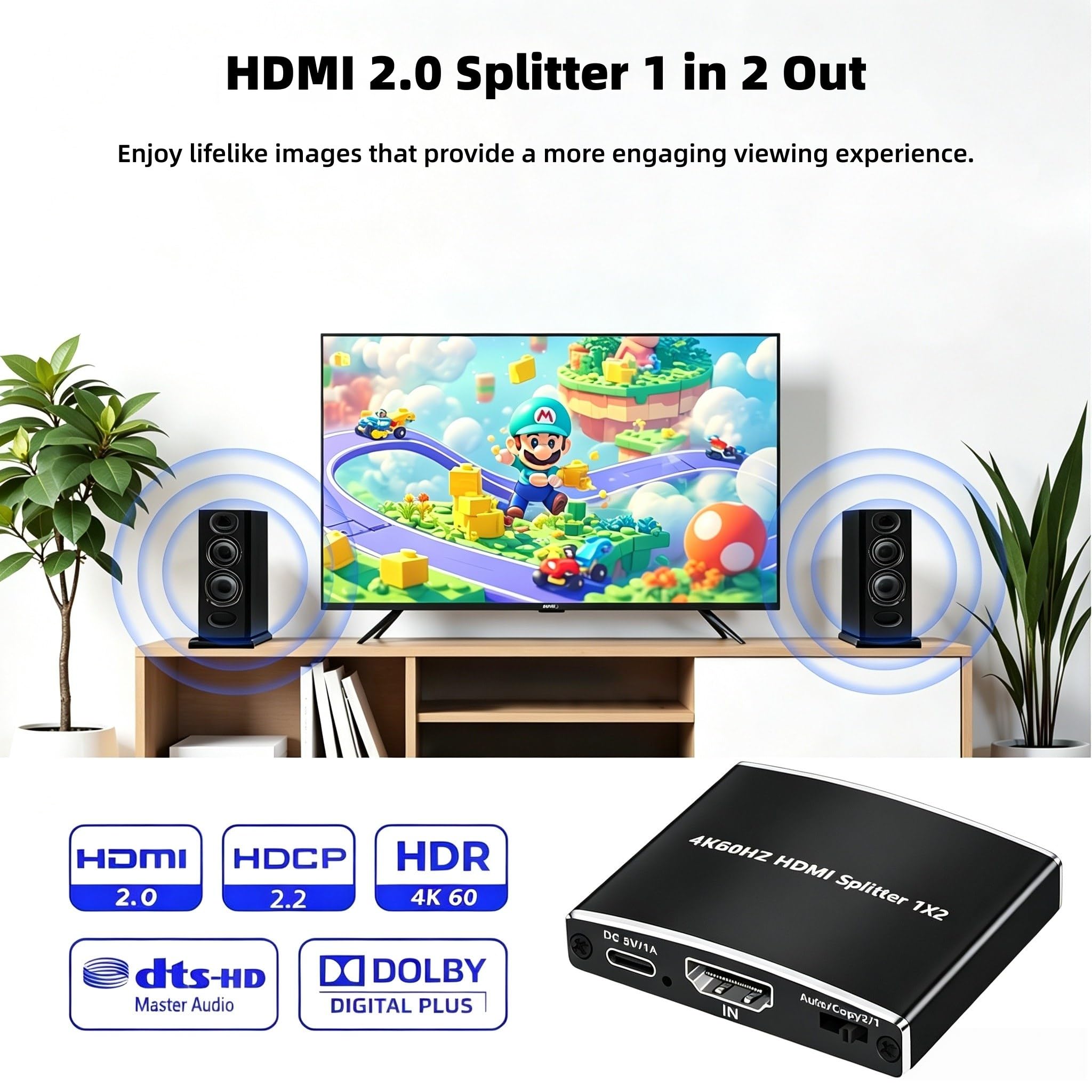 Splitter HDMI 1 in 2 Out, 4K @ 60Hz 1 x 2 HDMI Splitter supporta 3D e 1080P @ 60Hz, duplicate/mirroring da una sorgente a due display, splitter ultra HD ad alta velocità per PC, laptop, B0X, PS5, Roku