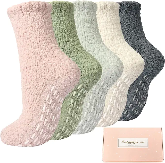 Chaussettes chaussons antidérapantes femmes hiver, 5 paires épaisses et moelleuses
