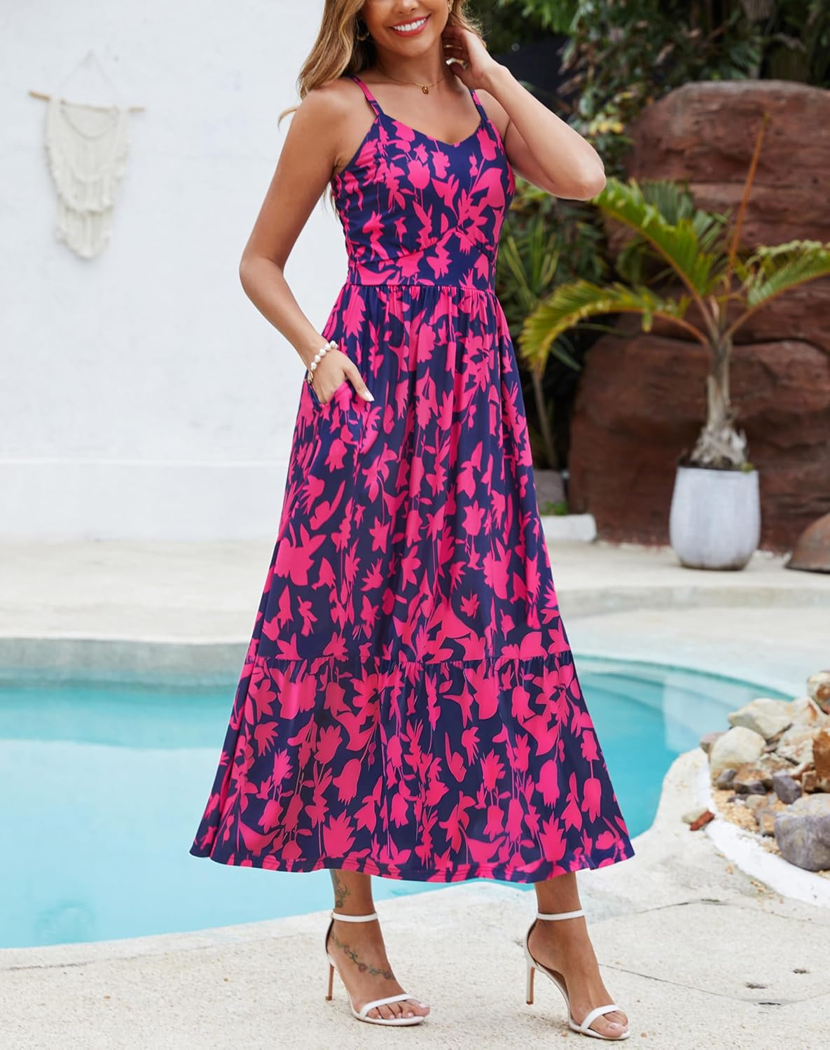 Zattcas Women's 2026 Summer Casual Floral Maxi Dress with Pockets Spaghetti Strap V Neck Empire Waist Beach Long Sundress - Image 3