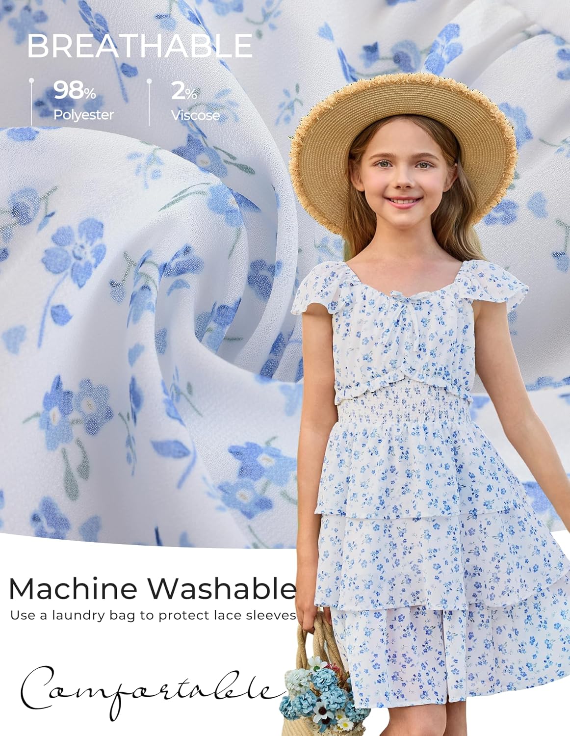GRACE KARIN Girls Spring Summer Floral Dress Teen Ruffle Smocked 3 Layerr Dresses Kids Cute Boho Easter Clothes Size 7-14