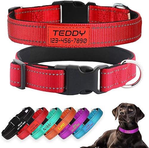 Collares para perros personalizados, nailon reflectante personalizado con nombre de mascota y número de teléfono, ajustable en 5 tamaños y 3