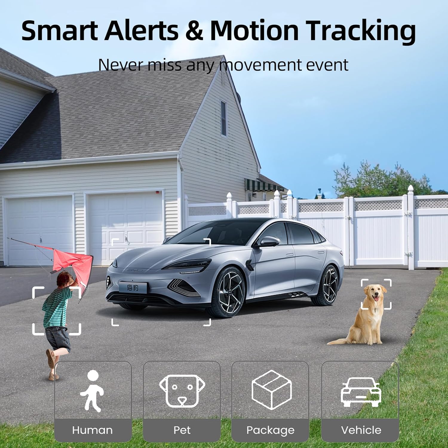 Smart alerts and motion tracking feature, showing a child, pet, package, and vehicle being detected in a driveway.
