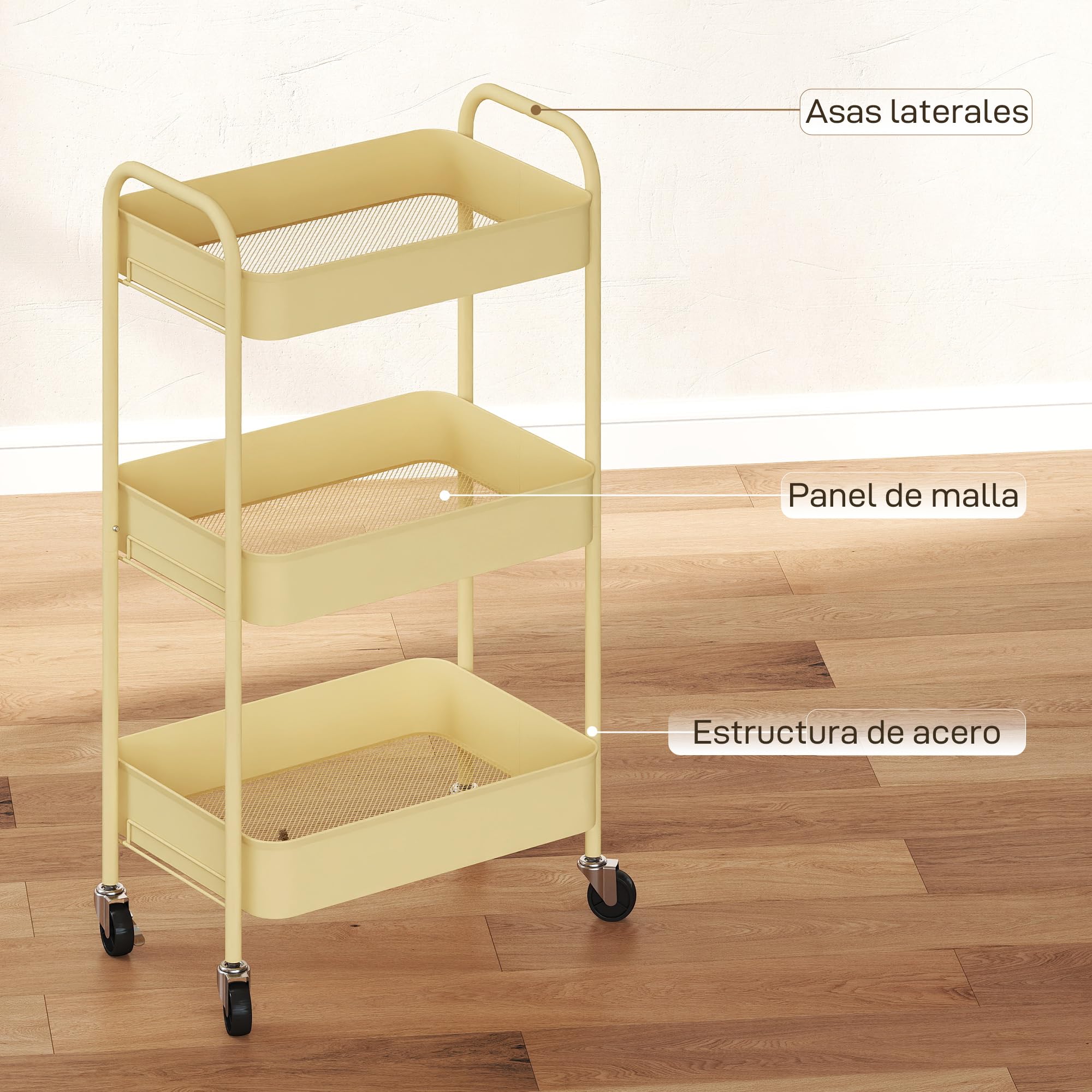 HOMCOM Carrello 3 ripiani su ruote con 3 cestelli in metallo Giallo | Carrello portariviste in metallo, carrello scorrevole, soggiorno, cucina