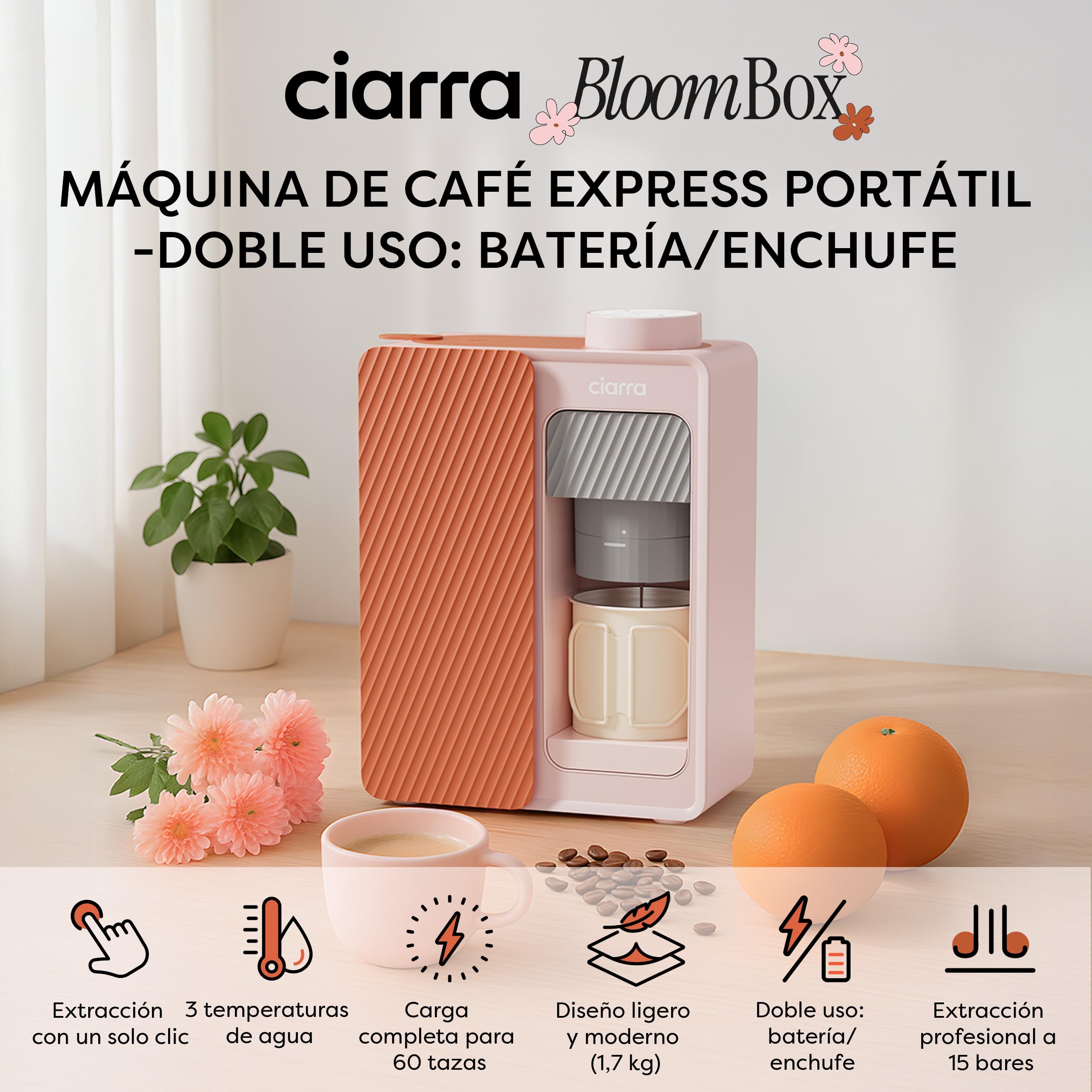 CIARRA BloomBox Cafetera Portátil Espresso de 15 bares Rosa | con Batería y Conexión a la Red Eléctrica, Máquina de Café Recargable Autocalentable para Acampadas y Viajes - CBPCM551-P