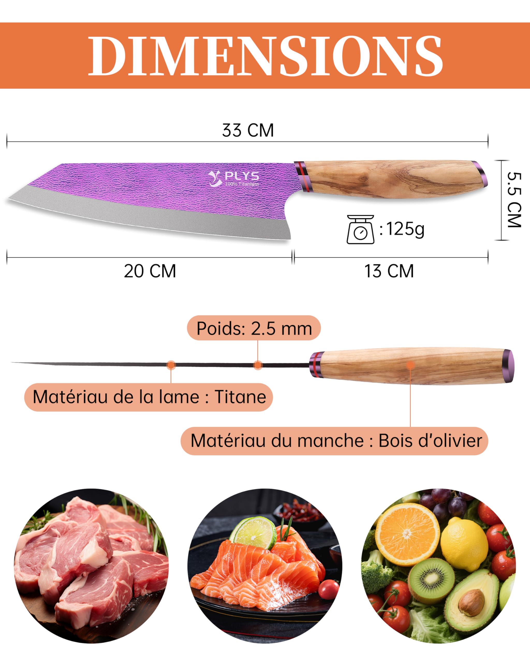 Plys Titane Couteau Chef Japonais Kiritsuke: Lame de 20,5 Cm, Tranchant Professionnel, Manche Ergonomique en Bois, MatéRiau en Titane Ultra-LéGer (Violet Aurore)