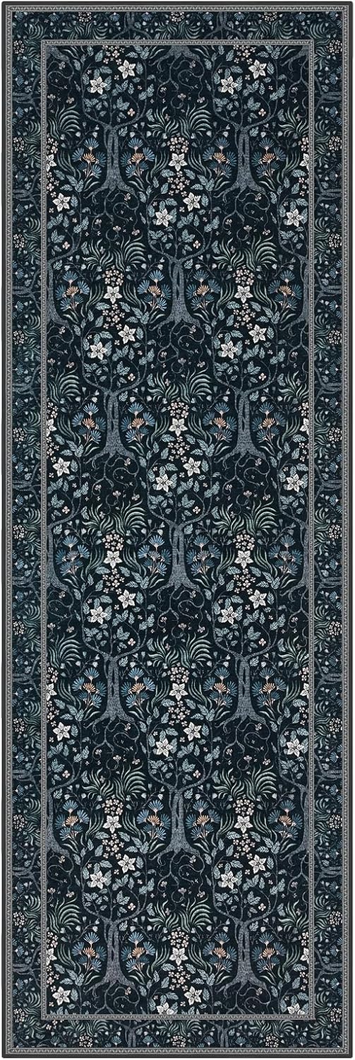 Joydeco Floral Washable Runner Rug for Kitchen, Forest Hallway Rug Runner 2x6 Non Slip, Boho Botanical Ultra-Thin Soft Indoor Floor Throw Carpet for Bathroom Entryway Foyer, Blue-Black