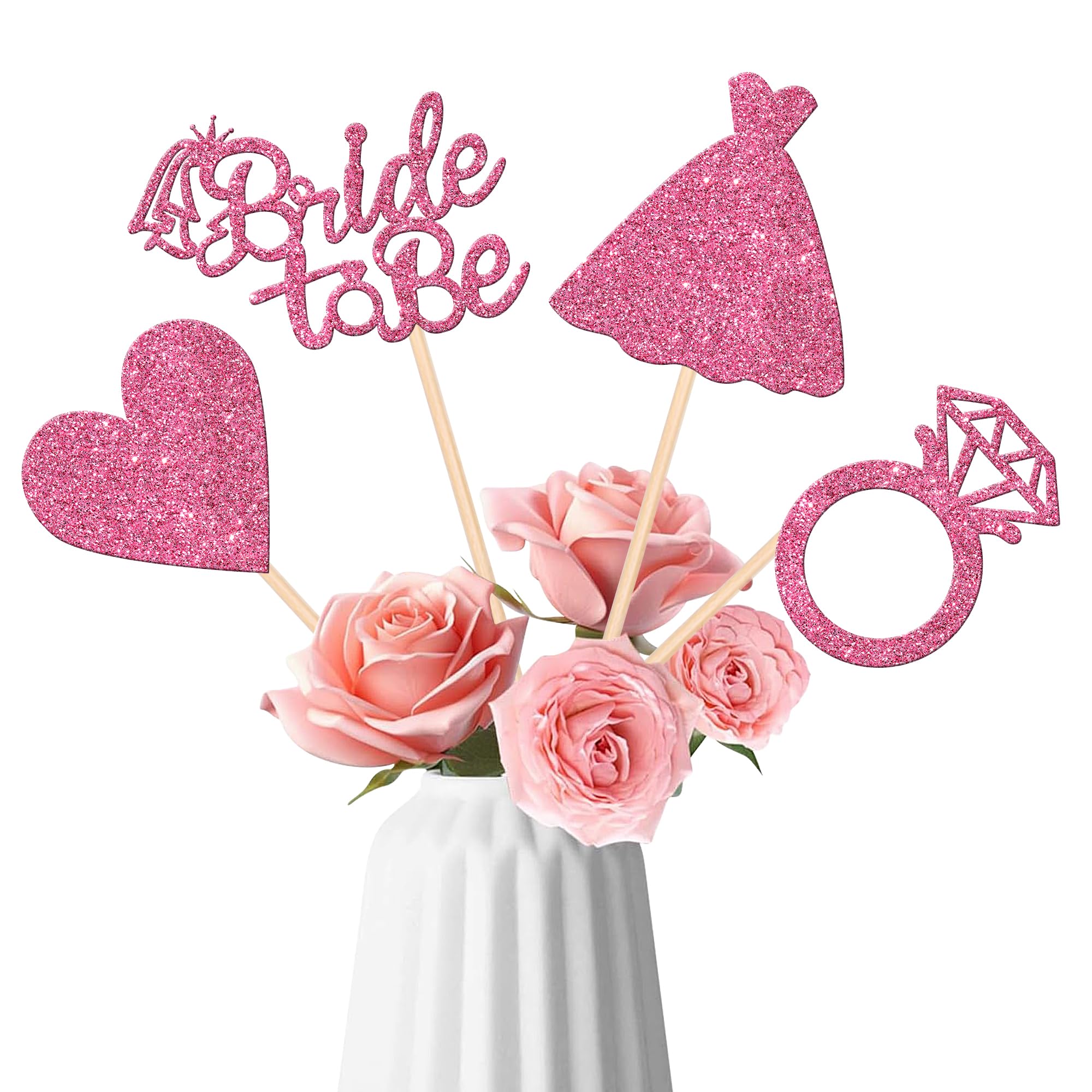 12 PCS Bride to Be Centerpiece Sticks Double Sided Glitter Heart Ring Dress Bridal Shower Table Flower Centerpieces for Wedding Engagement Bachelorette Party Flower Decorations Supplies Pink