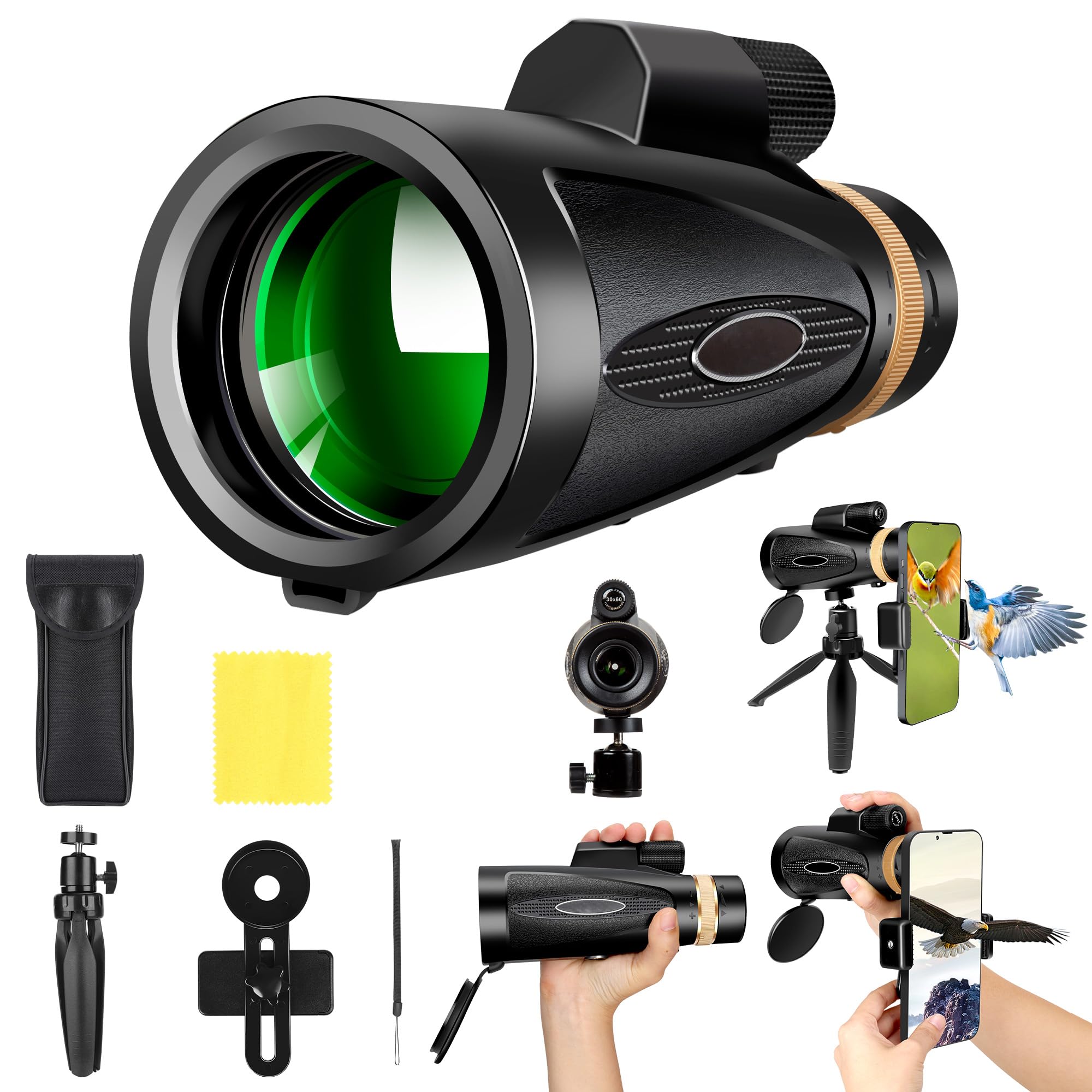 8X42 Telescopio Monoculares de Largo Alcance - Black | FMC y prisma BAK4 premium con Soporte para Teléfono Inteligente Trípode,Monoculares Portátil Para Observación de Aves