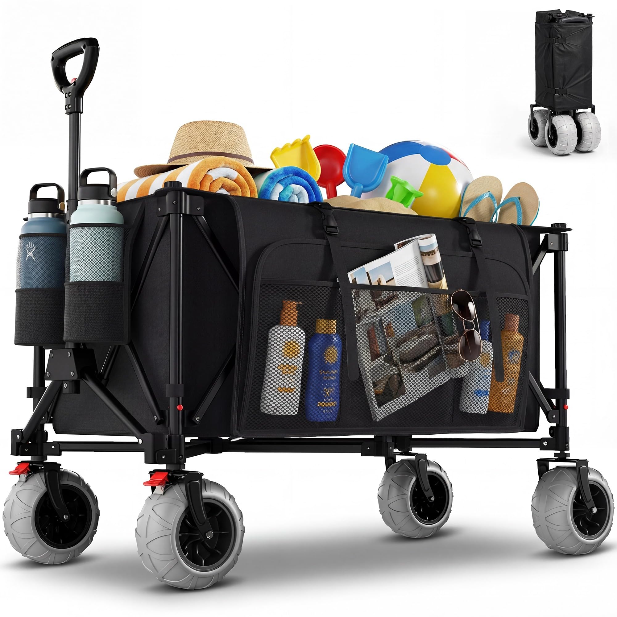 Devoko Chariot de Plage Pliable 200L 150KG, Chariot de Plage Tout Terrain avec PU Roues Extra Larges 21.5x10 cm, Charette Pliable Poignée Réglable Pivotantes à 90° pour Plage, Camping, Courses(Noir)