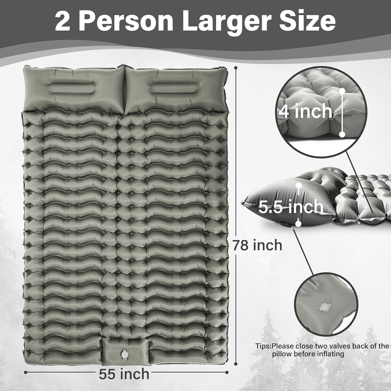 Double Sleeping Pad for Camping, Backpacking Air Inflatable 2 Person Sleeping Pad with Pillow Lightweight Self Inflating Camping Pad Built-in Foot Pump for Outdoor Tent 4 inch Thick, 78 x 55 inch