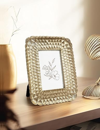 Miniatura 4 de Sonefreiy Marco de fotos dorado de 4 x 6, marco de fotos de resina para colgar en la pared y el escritorio, moderno marco de 4 x 6 pulgadas, patrón