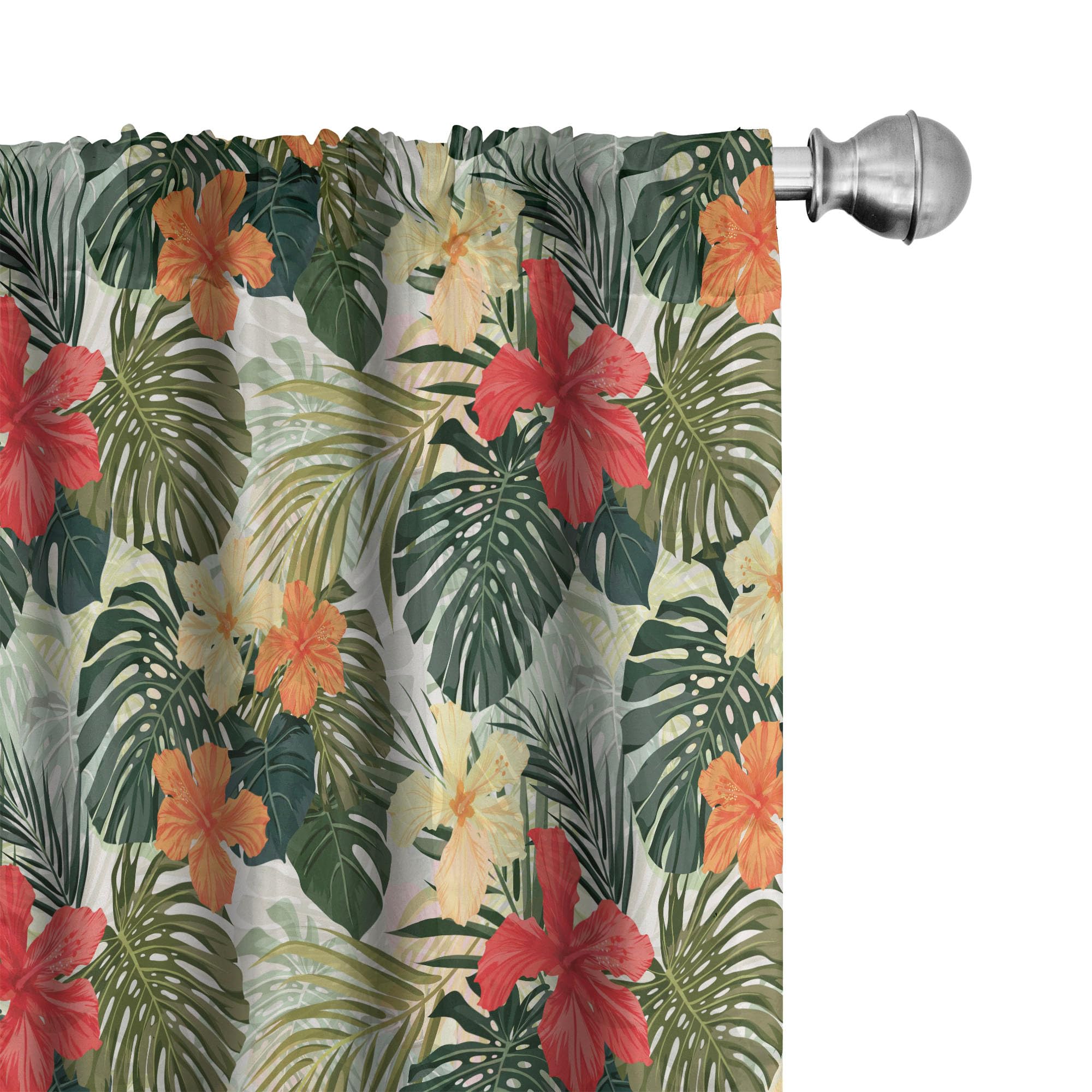 Lunarable Leaf Curtains, Hawaiian Summer Tropical Island Vegetation Leaves Hibiscus Flowers, Window Treatments 2 Panel Set for Living Room Bedroom,