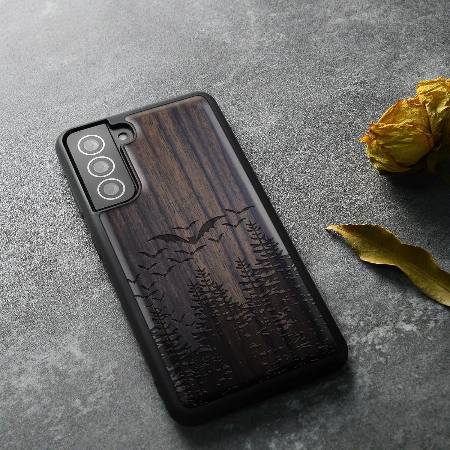 Carveit Wood Case for Galaxy S21 FE Case [Natural Wood & Black Soft TPU] Shockproof Hybrid Protective Unique Wooden Cover Compatible with Samsung S21 FE (Bats Over The Forest-Blackwood)