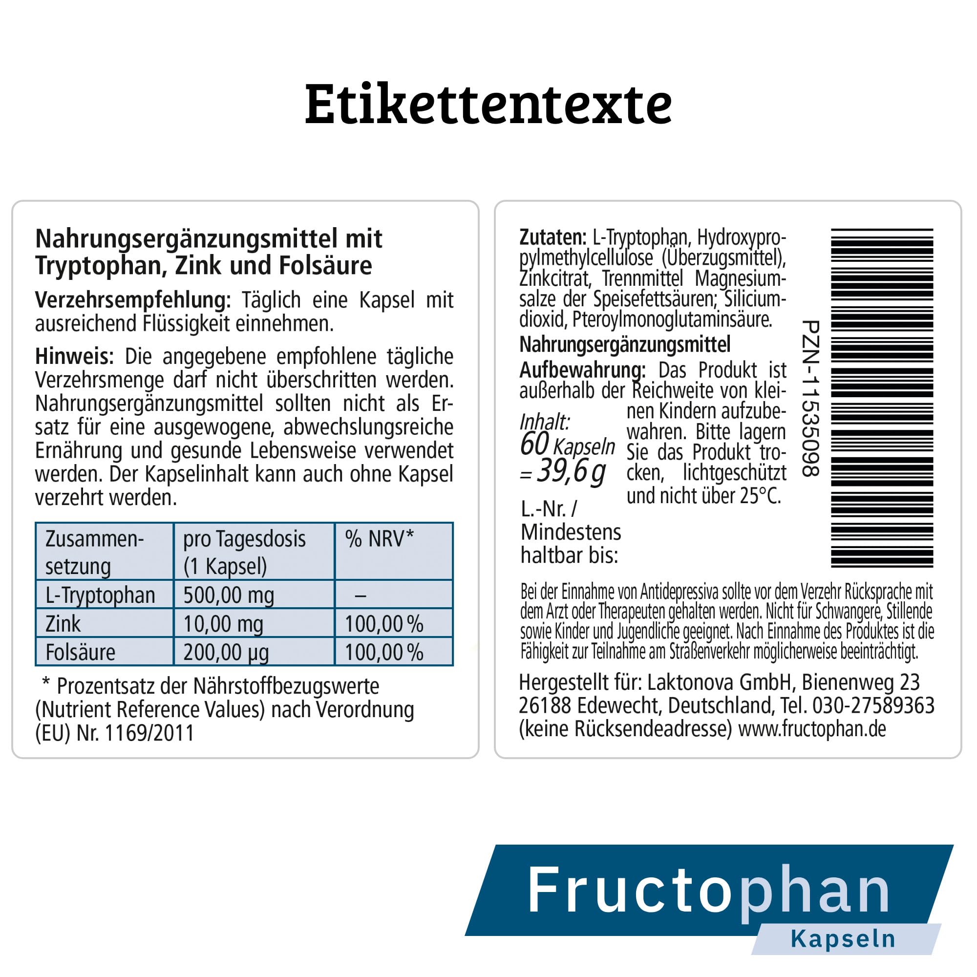 Fructophan 60 Kapseln, Topseller mit Zink, Folsäure und Tryptophan. Natürlicherweise fructosefrei. Nur 1 x täglich eine Kapsel.