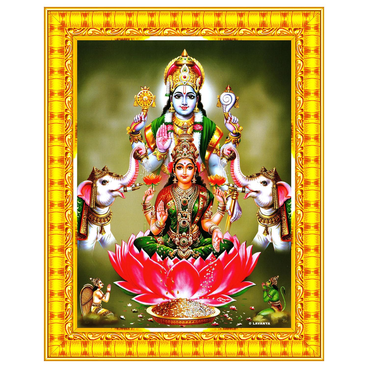 Lord Vishnu Dev Lakshmi Devi Laxmi Narayan Ji Wall Painting Framed Home Decor (Wood,Matte,Gold,Small Size,6 x 8 Inch) R586S