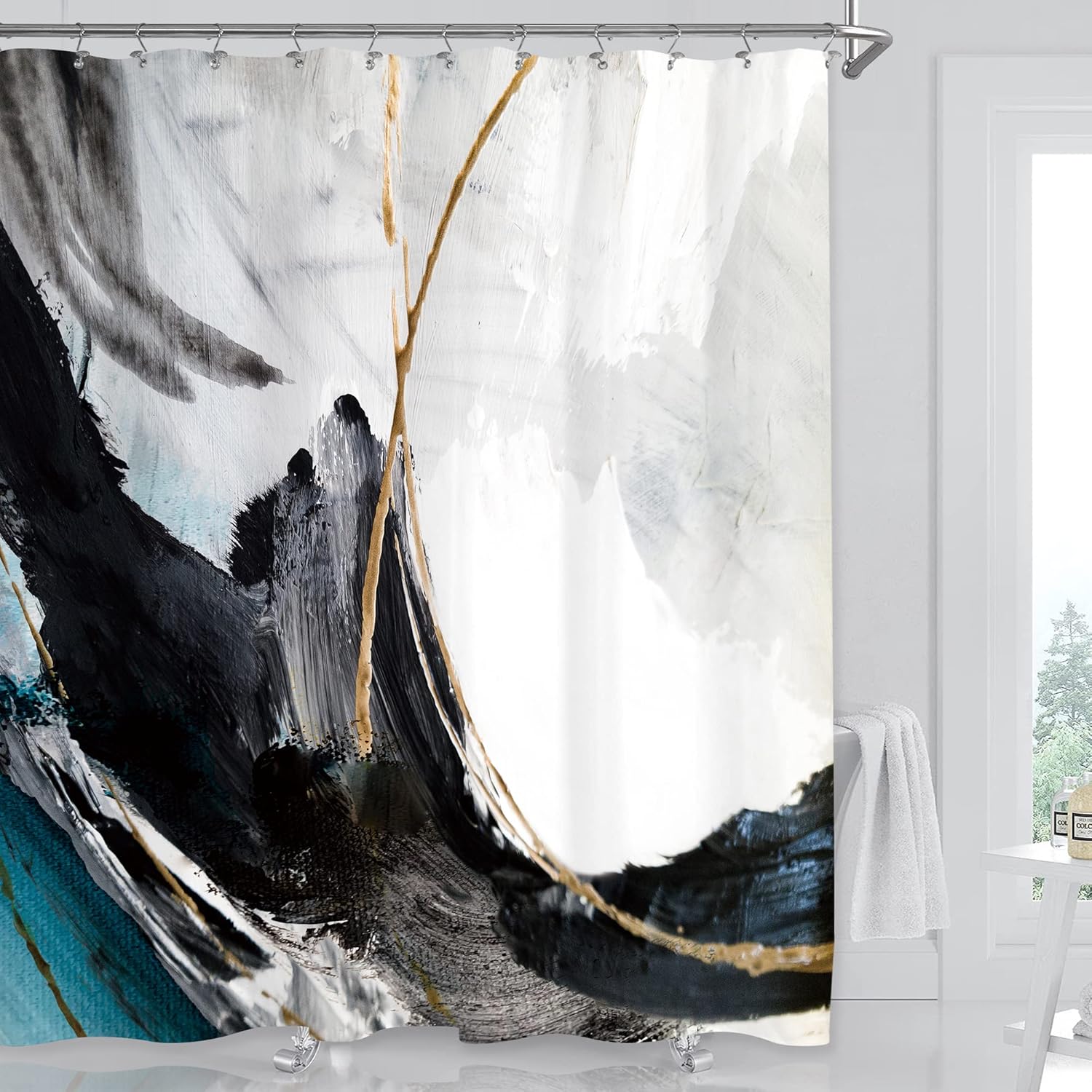 Miyotaa Black White Teal Modern Abstract Shower Curtain Set