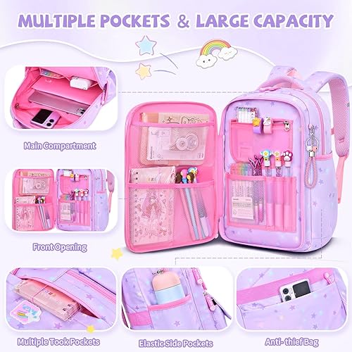 Miniatura 2 de Mochilas para niñas, escuela, lindas mochilas para niños, con lonchera aislada, juego para la escuela primaria, púrpura (Star Purple), Mochila