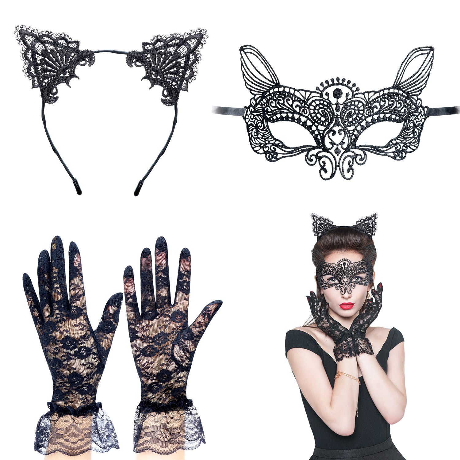 TOPWAYS Sexy Black Lace Half-Face Masks Lace Gloves Cat Ears Headband for Women Masquerade Masks Costume Catwoman Accessories Make Up Party Favors (Spirit Set)