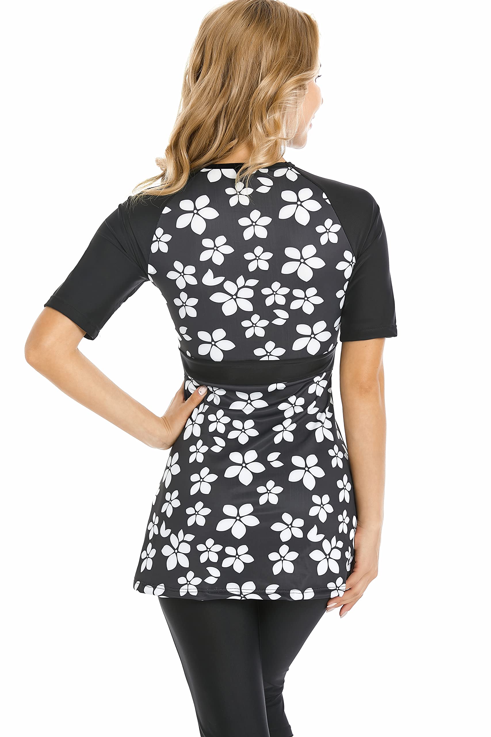 BlueSnow Modest Short Sleeve Swimsuits for Womens Bathing Suit Floral Print Swimming Suit Rash Guard Plus Size
