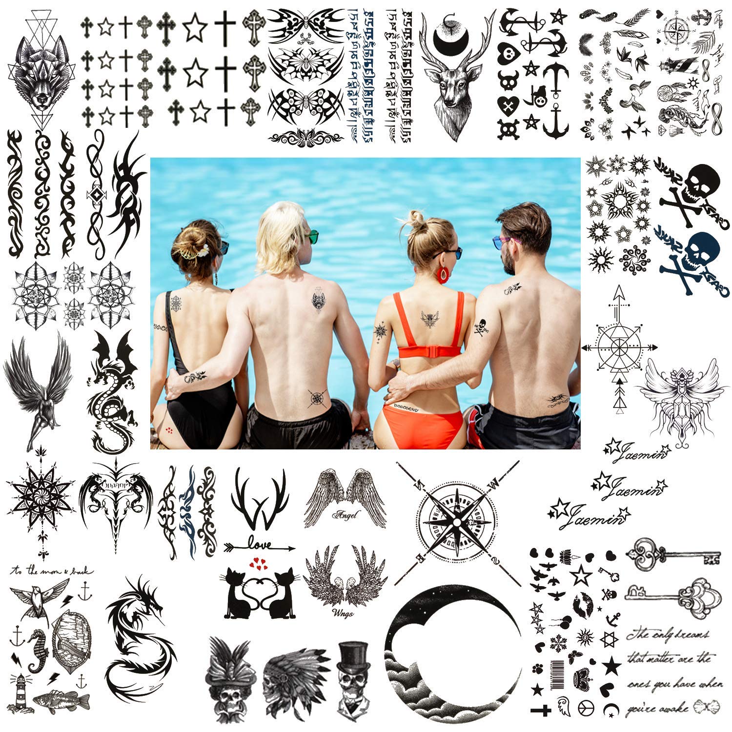 Temporary-Tattoos Waterproof Multi-Colored Stencil Sticker - 30 Sheets Black Small Body Art Fashion Adhesive for Man and Woman (color: 30 pcs Small Tattoos)