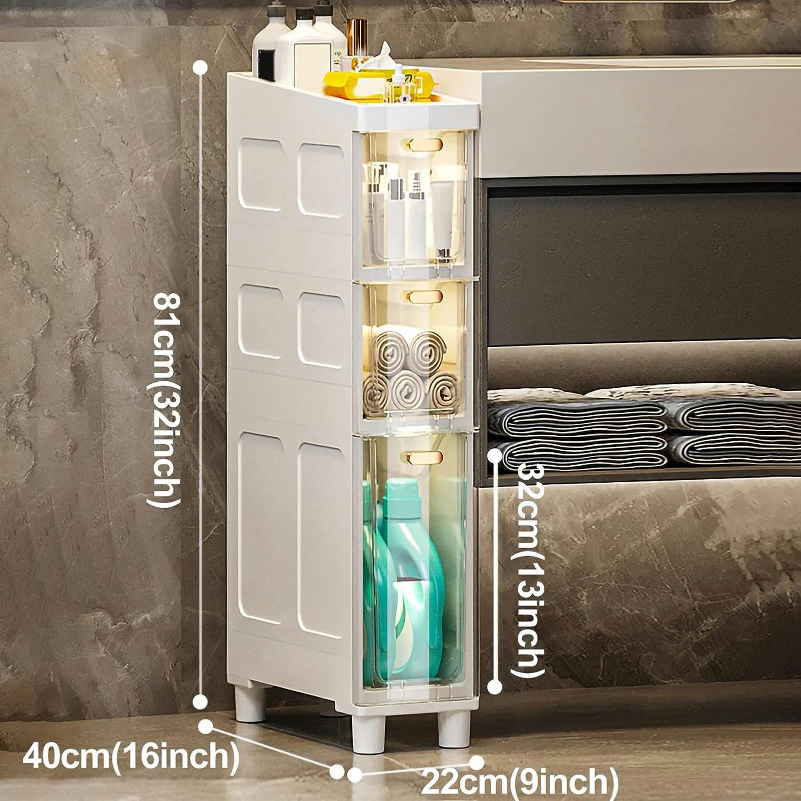 Gabinete de piso para baño con cajones de almacenamiento apilables Gabinete de baño Delgado de almacenamiento, Gabinete de almacenamiento de Papel higiénico Delgado de gr