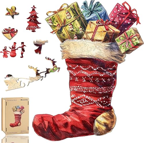 Reouinty Christmas Wooden Puzzle for Adults 300 Piece, Festival Wall Decor,Christmas Boots Wooden Jigsaw Puzzles, Unique Shape Animal Adult Puzzles, Best Gift for Kids 12.4x14.8 in