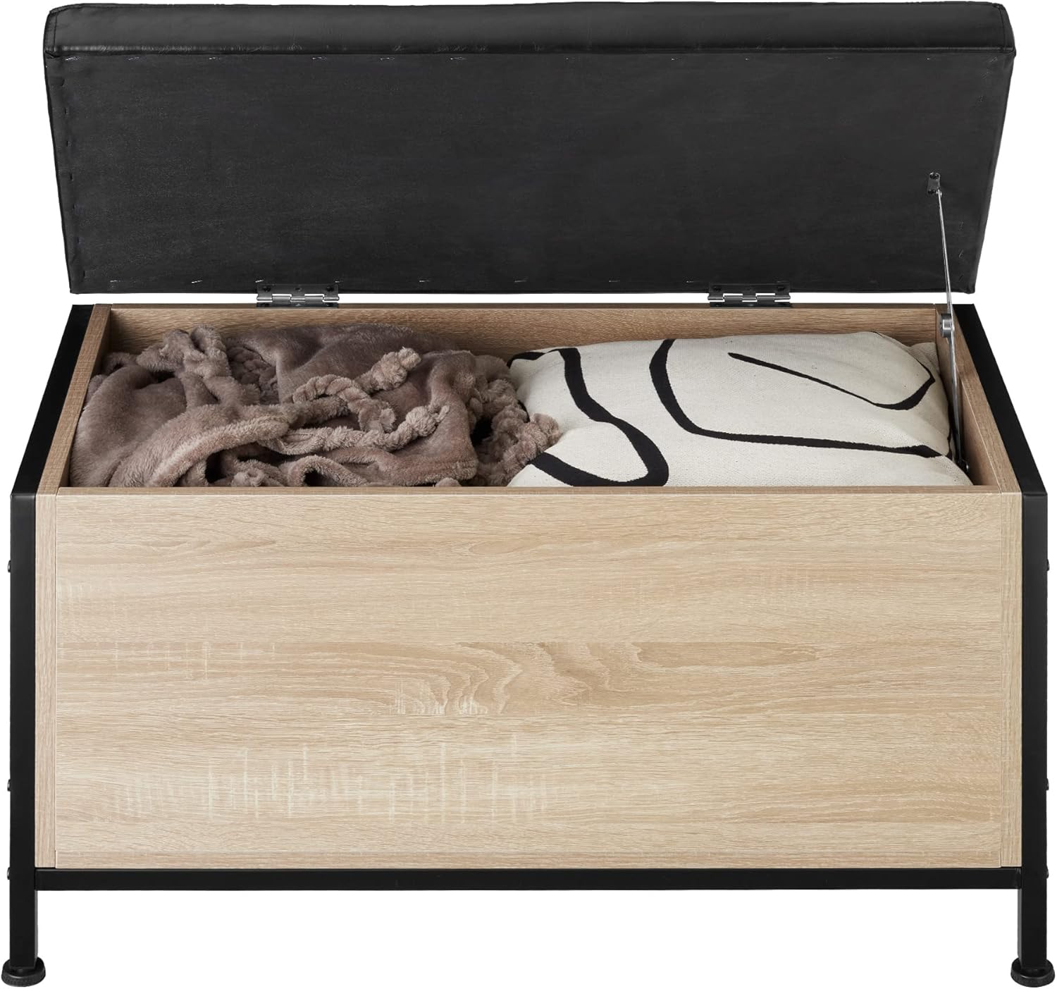 Storage box with lid open, revealing blankets and pillows inside