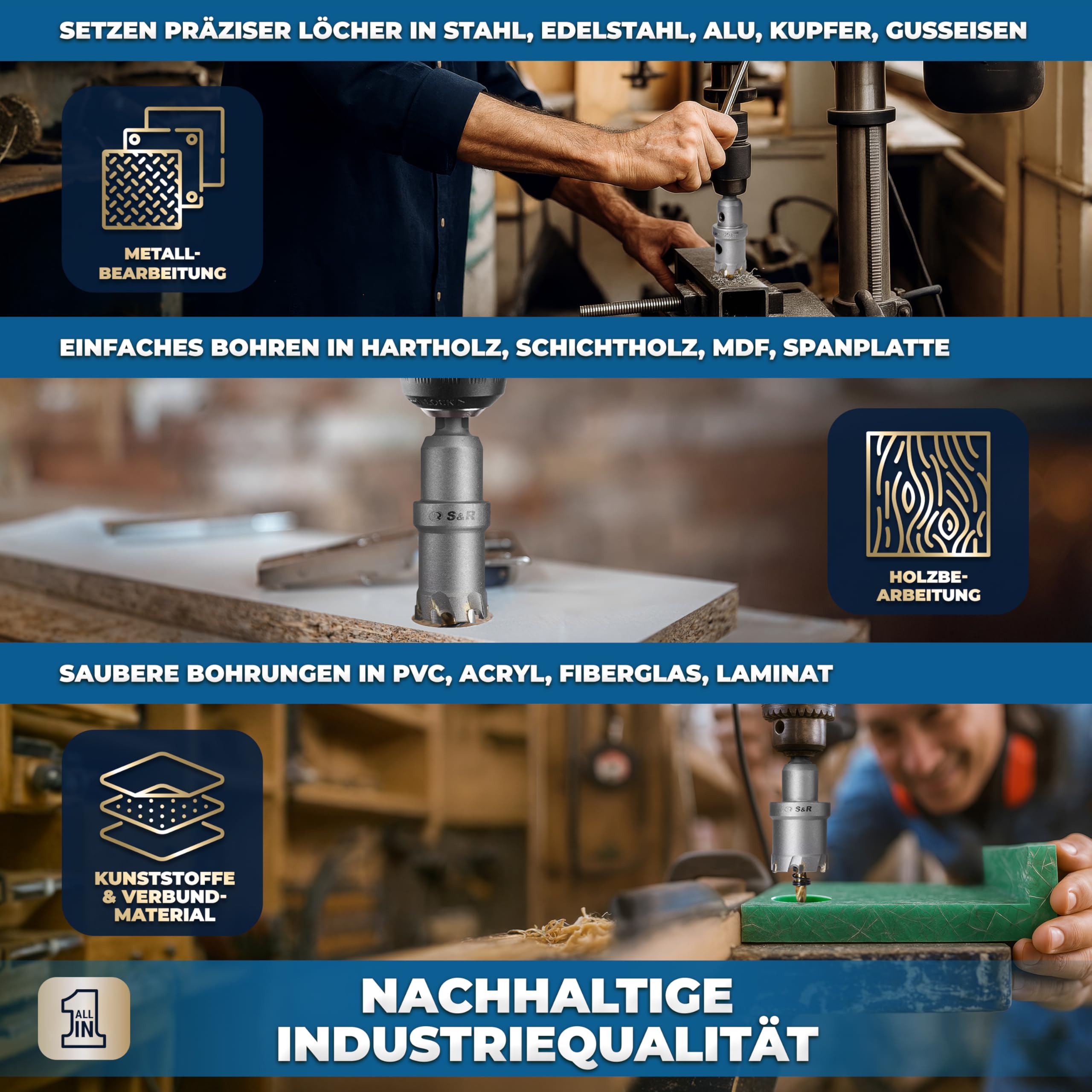 S&R Premium TCT 5-częściowy zestaw otwornic 16-30 mm, wiertło do metalu, stal nierdzewna, twarde stopy, węglik wolframu, zestaw wierteł pilotowych z powłoką tytanową, frezy do metalu