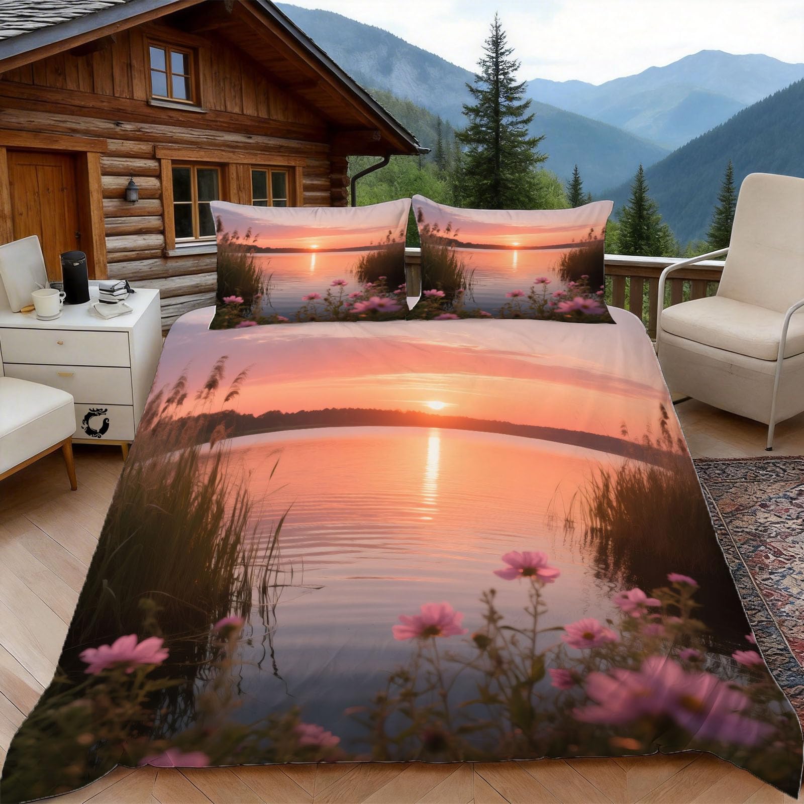 Housse de couette microfibre anti-plis 240x260 motif paysage coucher de soleil zippée