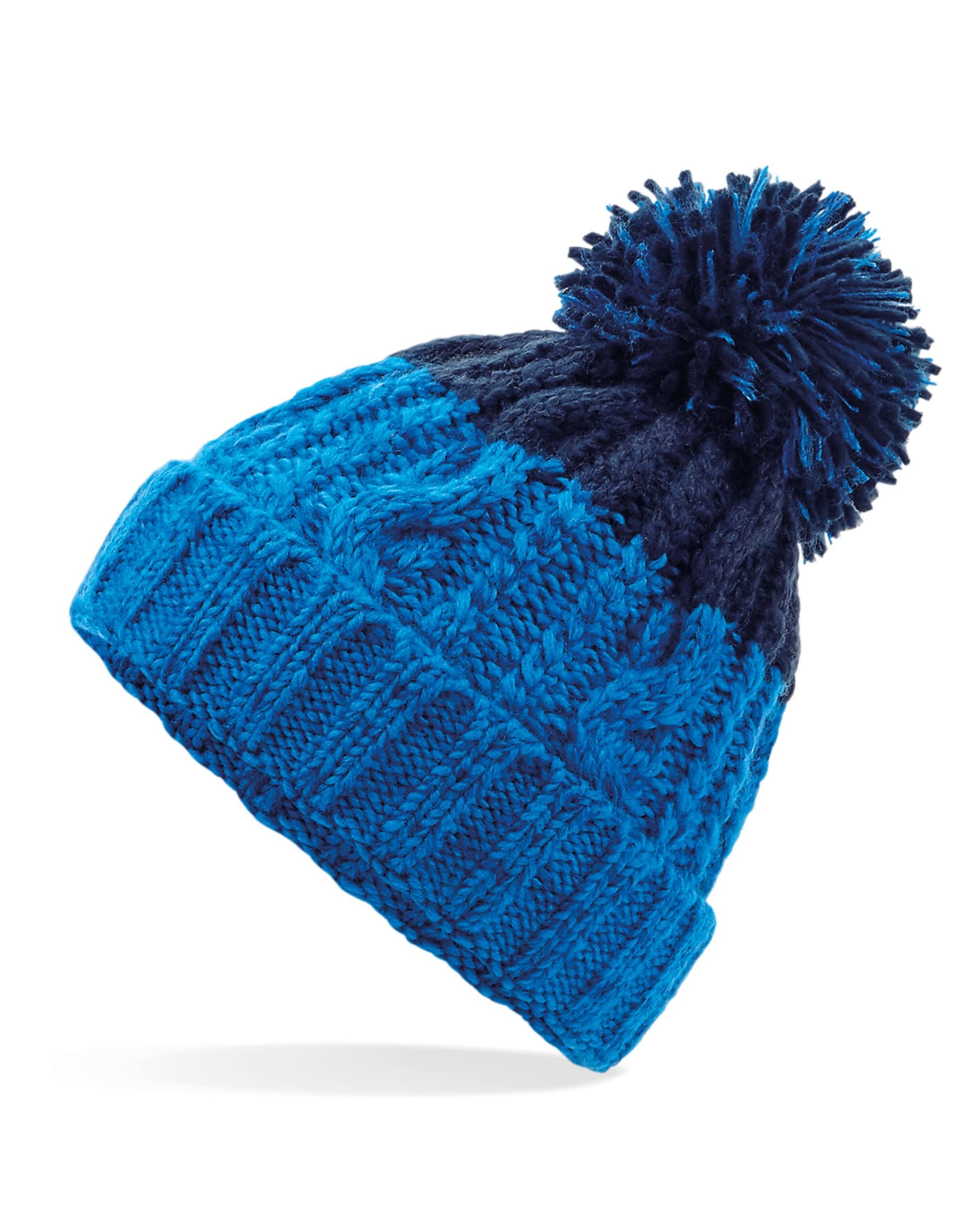 Aremie Women's Azure Blue / Oxford Navy Cable Knitted Bobble Hat, Mens Beanie Hat, Warm Winter Pom Pom Wooly Cap, Azure Cobalt Navy Blue, Multicolour