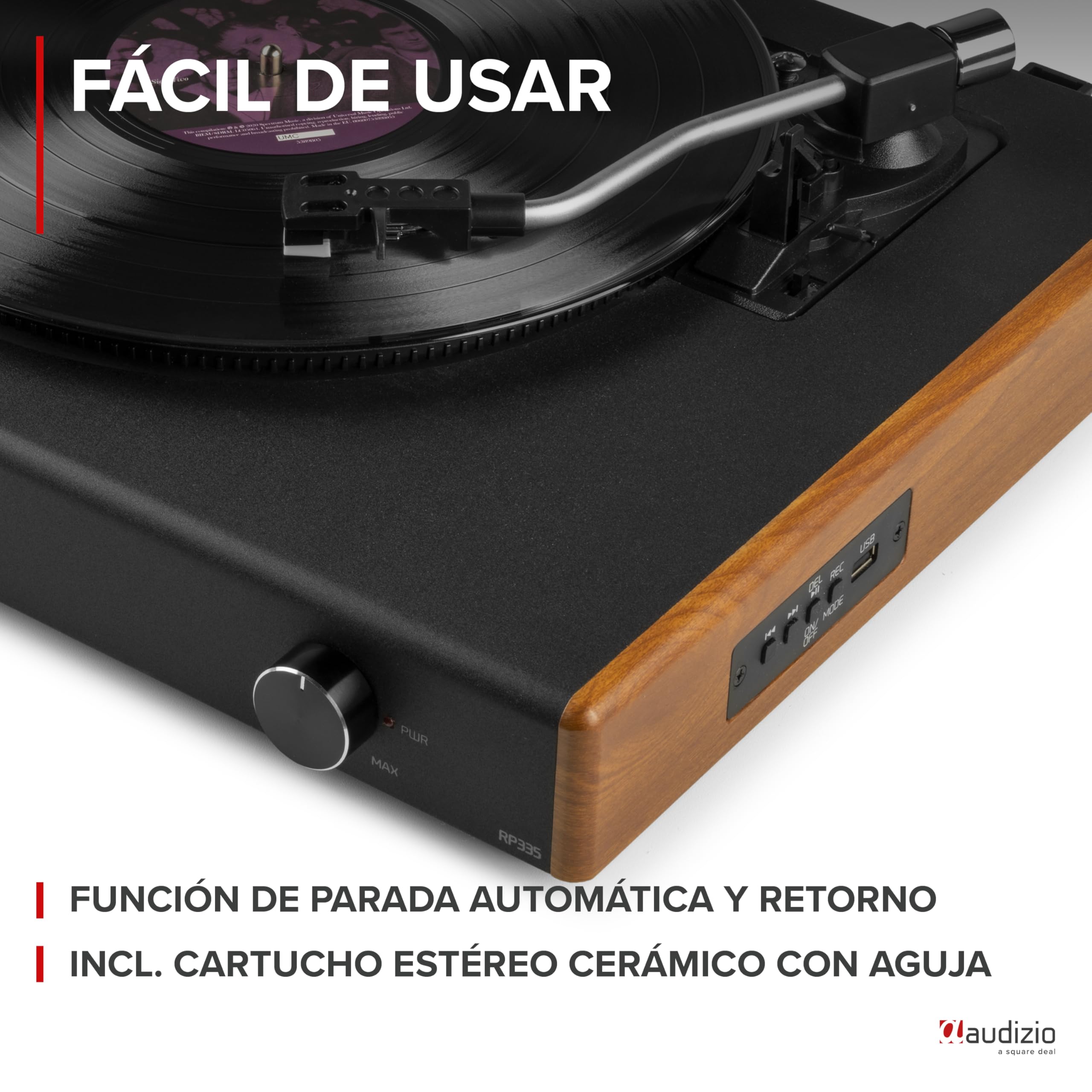 Audizio RP335 Tocadiscos de Estilo Retro con Altavoces estéreo de 40W, tracción a Correa y 3 velocidades, Reproductor de Vinilo con conversor de USB a MP3, Receptor Bluetooth, Acabado Estilo Madera