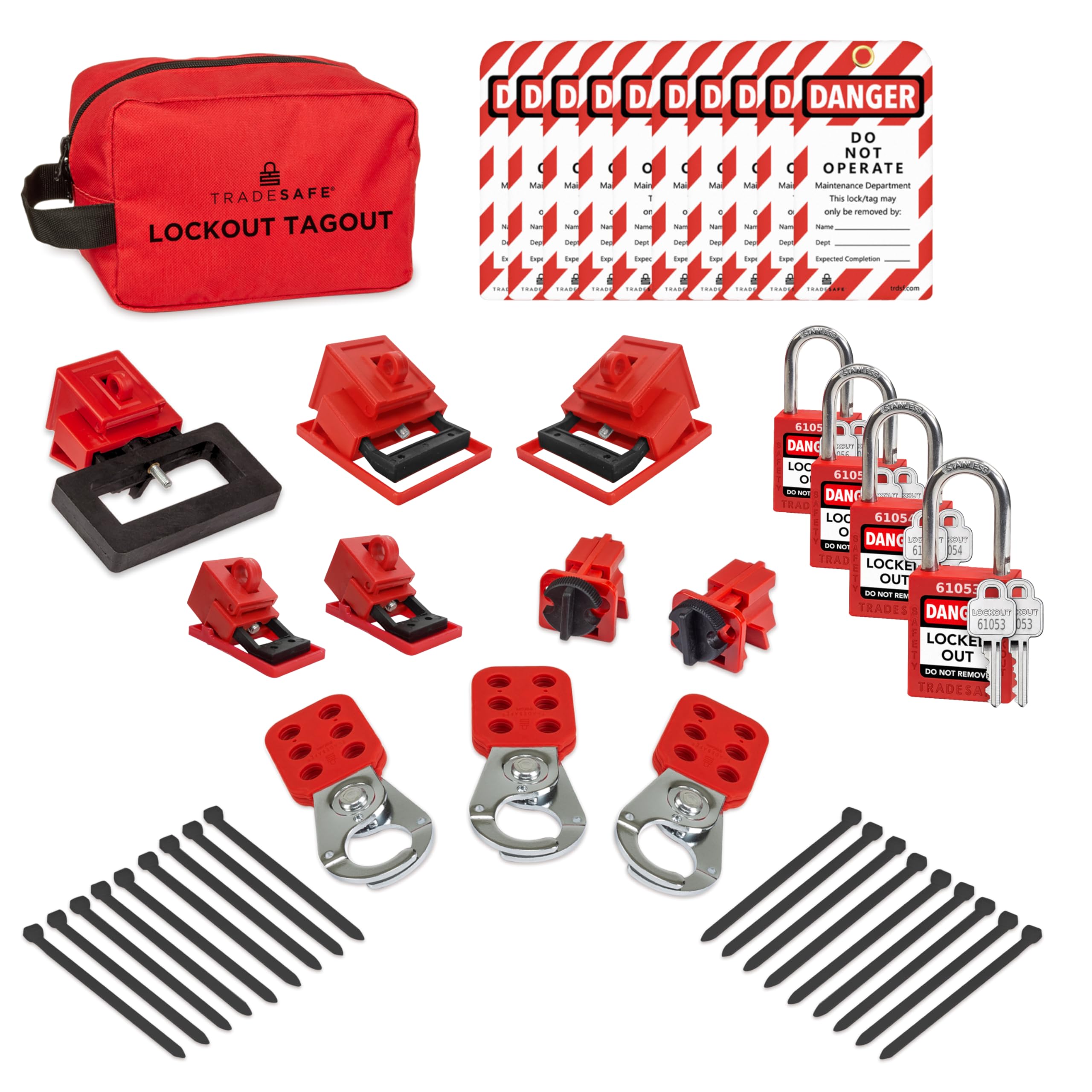 TRADESAFE Kit de loto eléctrico de bloqueo de interruptor, 120/277 V a 480/600 V, bloqueo de disyuntor, hebillas, etiquetas de bloqueo, diferentes cerraduras rojas con llave (2 llaves cada una