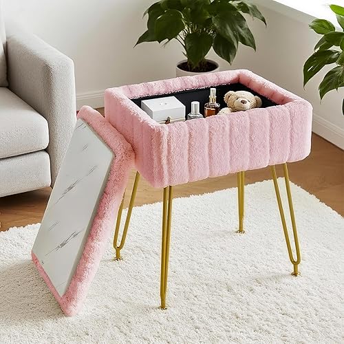 Miniatura 9 de Taburete de tocador con almacenamiento, silla de tocador rosa, 4 patas de metal con pies antideslizantes, asiento acolchado suave de piel sintética,