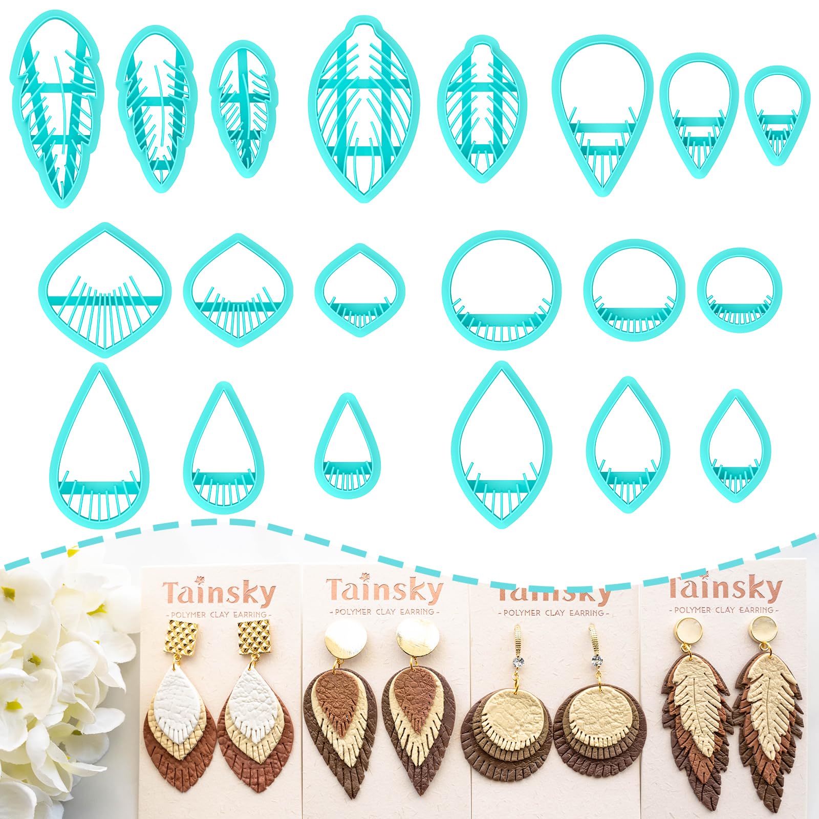 TAINSKY Leather Feather Polymer Clay Cutters, Leather Clay Cutters, Boho Clay Cutters for Polymer Clay Jewelry, 20 Pcs Feather Polymer Clay Cutters for Earrings
