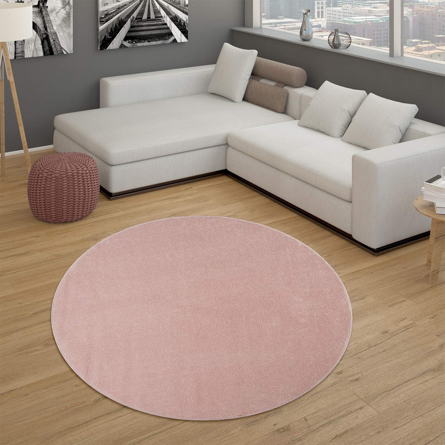 Paco Home Alfombra Salón Lisa Pelo Corto Sencilla Moderna Color Rosa, tamaño:Ø 120 cm Redondo OEKO-TEX STANDARD 100