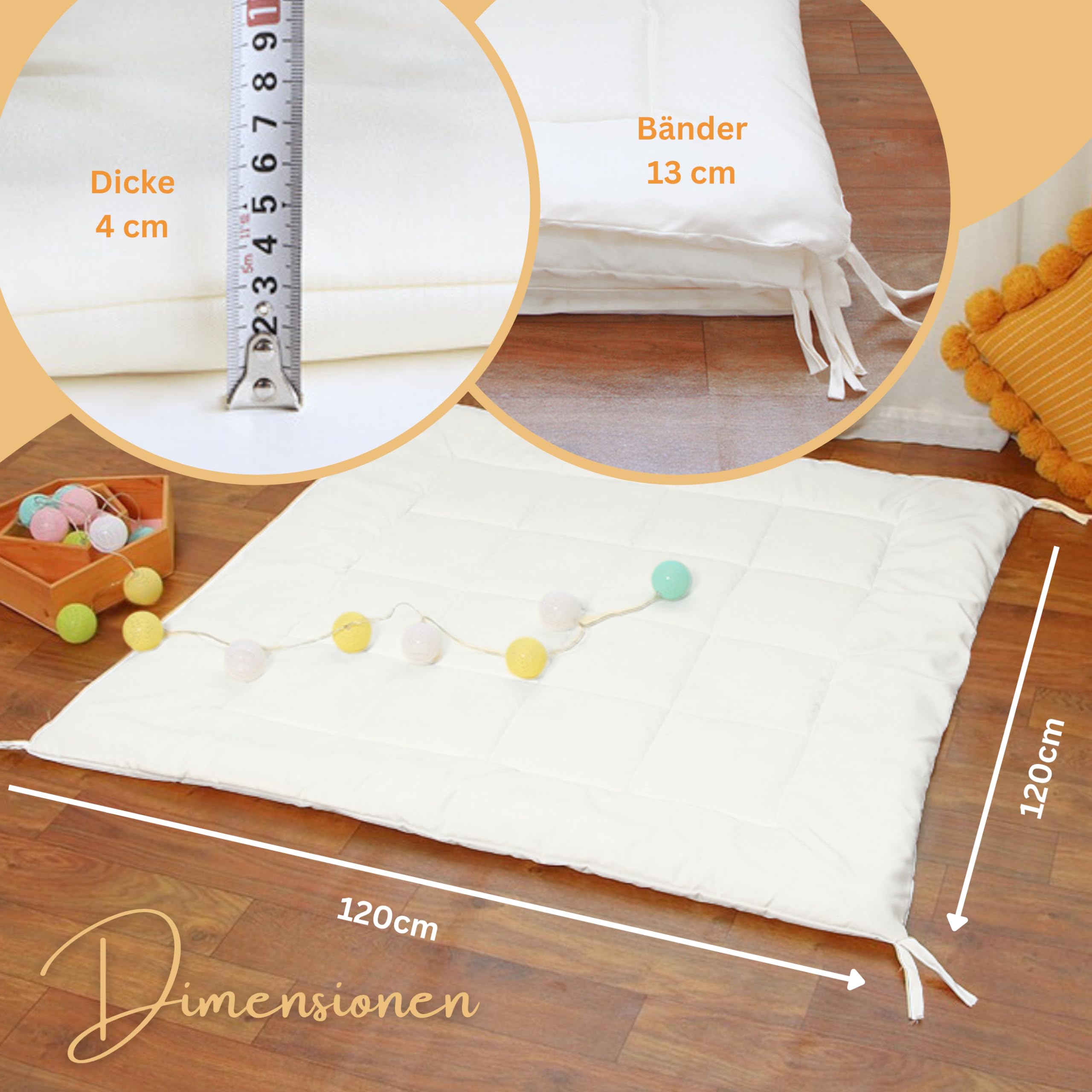 LIONHERZ® Tipi-mat met linten, 120 x 120 cm, gevoerde bodemdeken voor speeltent/speelhuisje, zachte vierkante speeldeken voor kinderen, gewatteerde inleg/onderlegger om te binden (helder wit LIONHERZ® Tipi-mat met linten, 120 x 120 cm, gevoerde bodemdeken voor speeltent/speelhuisje, zachte vierkante speeldeken voor kinderen, gewatteerde inleg/onderlegger om te binden (helder wit