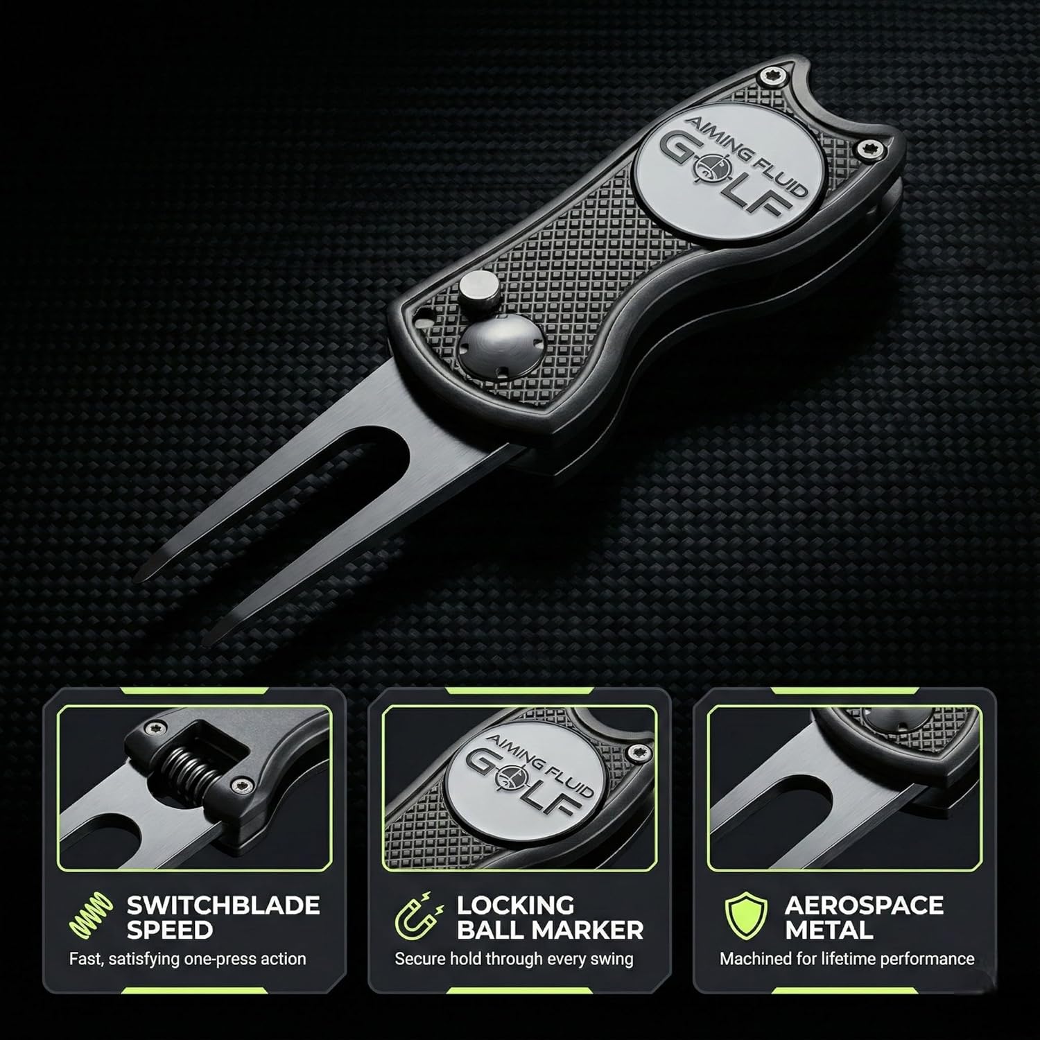 Golf Divot Repair Tool — 5-in-1 Golfing Ball Marker, Pitch Mark Repair, Putting Alignment, Club Tee, and Groove Cleaner, Accessory Metal Switchblade Design - Ideal Gift for Golfers