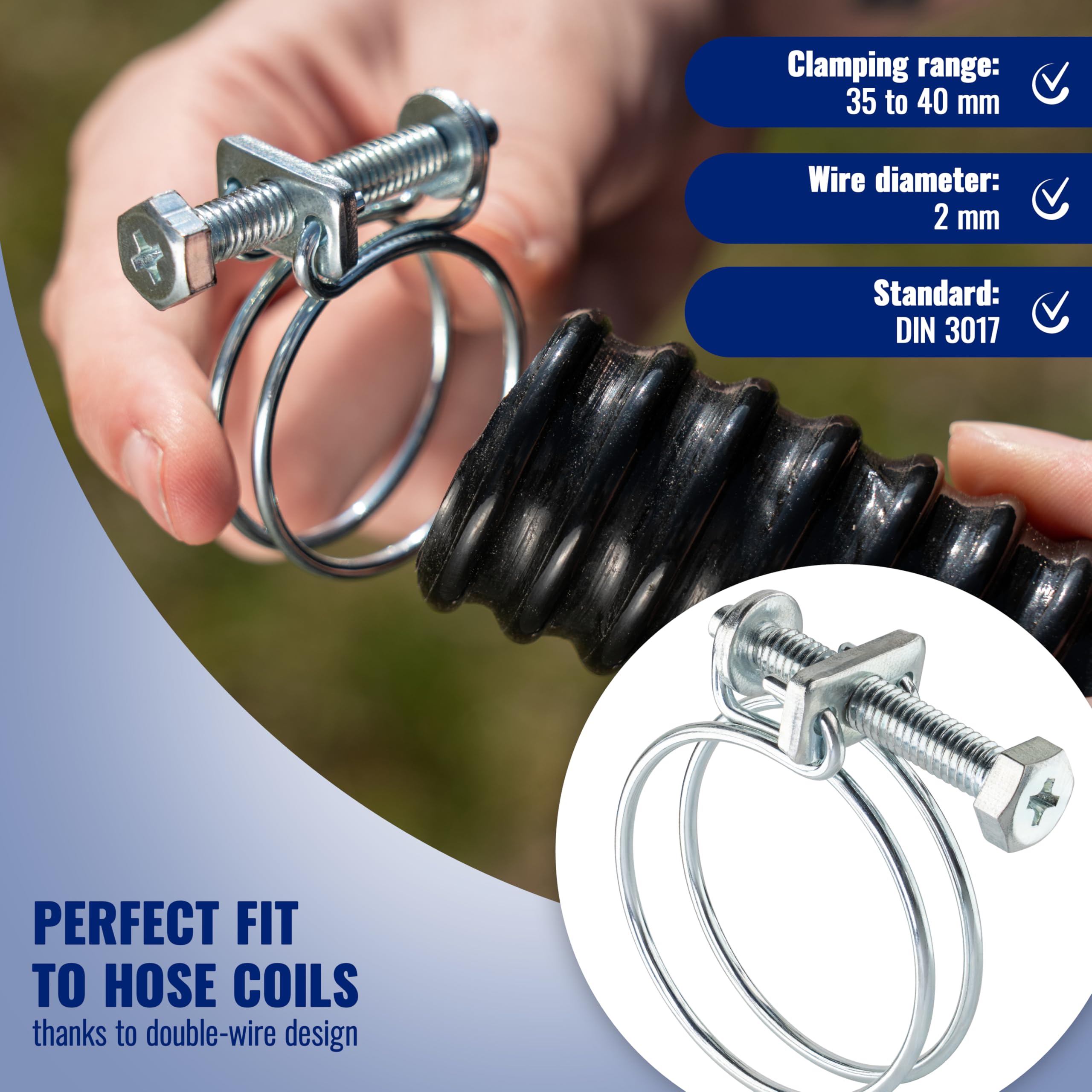 Poppstar 5 Pieces Double Wire Hose Clamp W1 Galvanised Steel Hose Clips, Clamping Width 35-40mm, Wire Diameter 2mm - Image 2