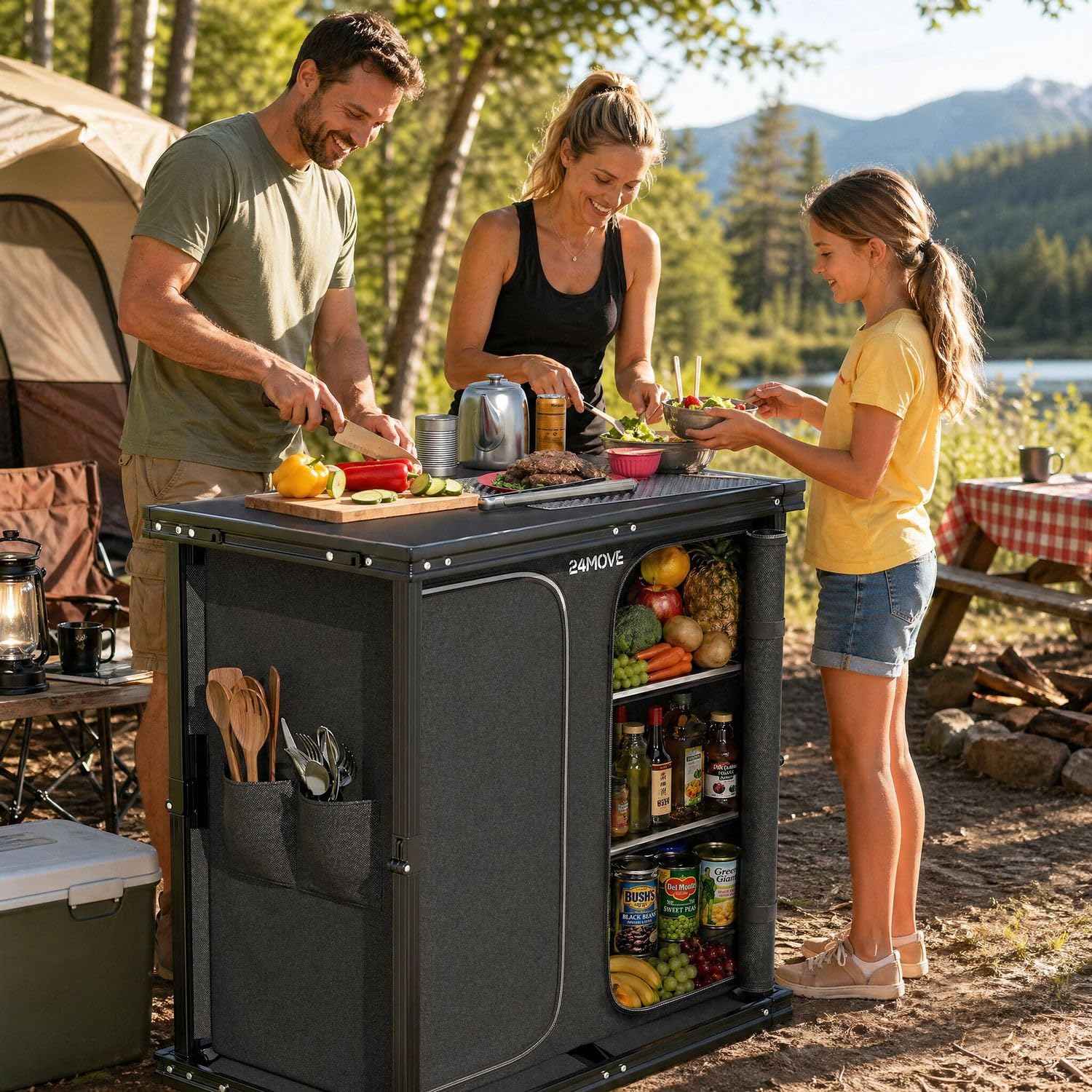 24MOVE® Campingküche, Faltbare Outdoor Küche Arbeitsplatte, MDF Einlegeböden, Besteckfächern, Tragegriff